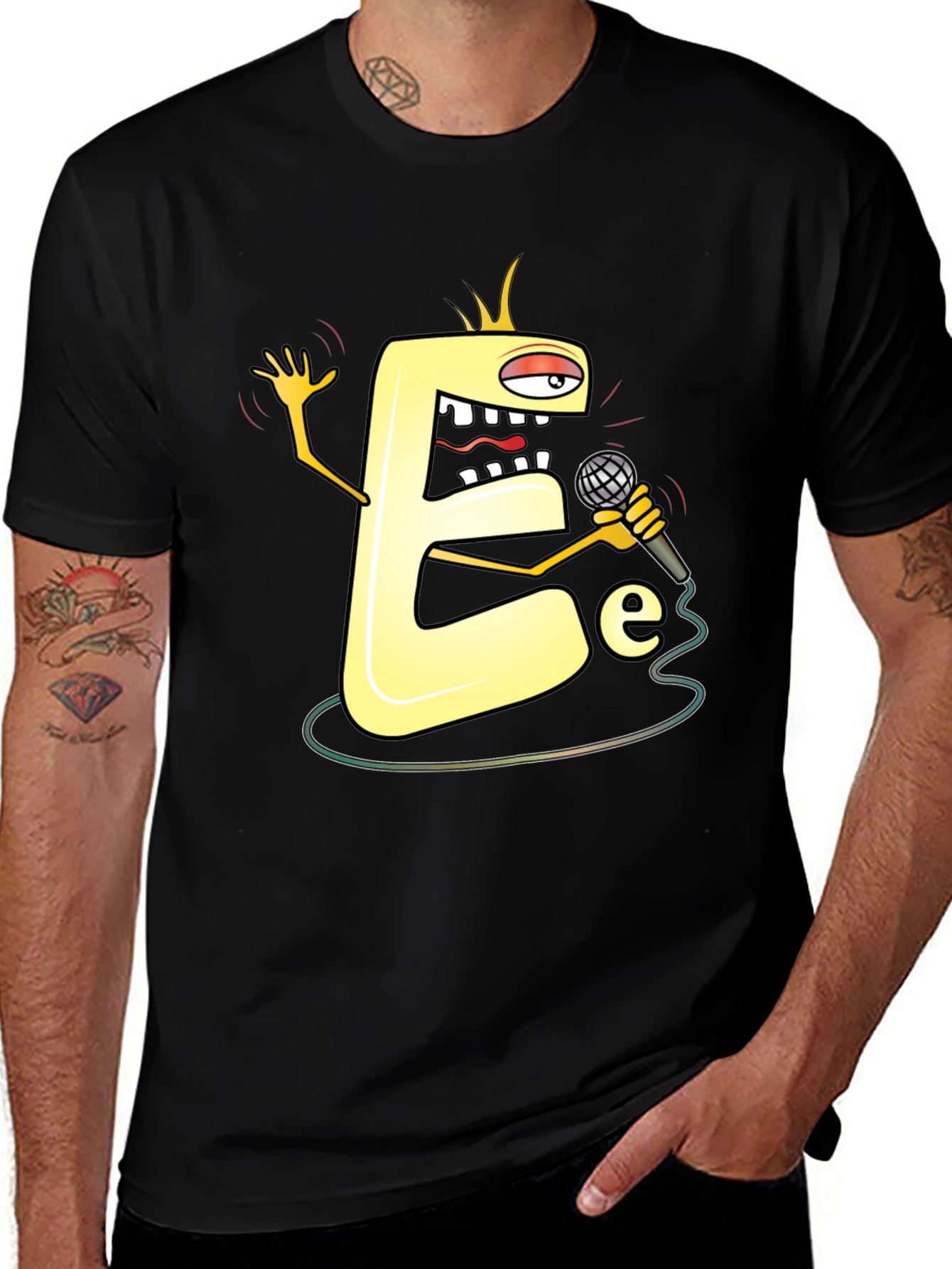 Variant 10 of Funny Letter E Graphic Tee - Black Cotton T-Shirt