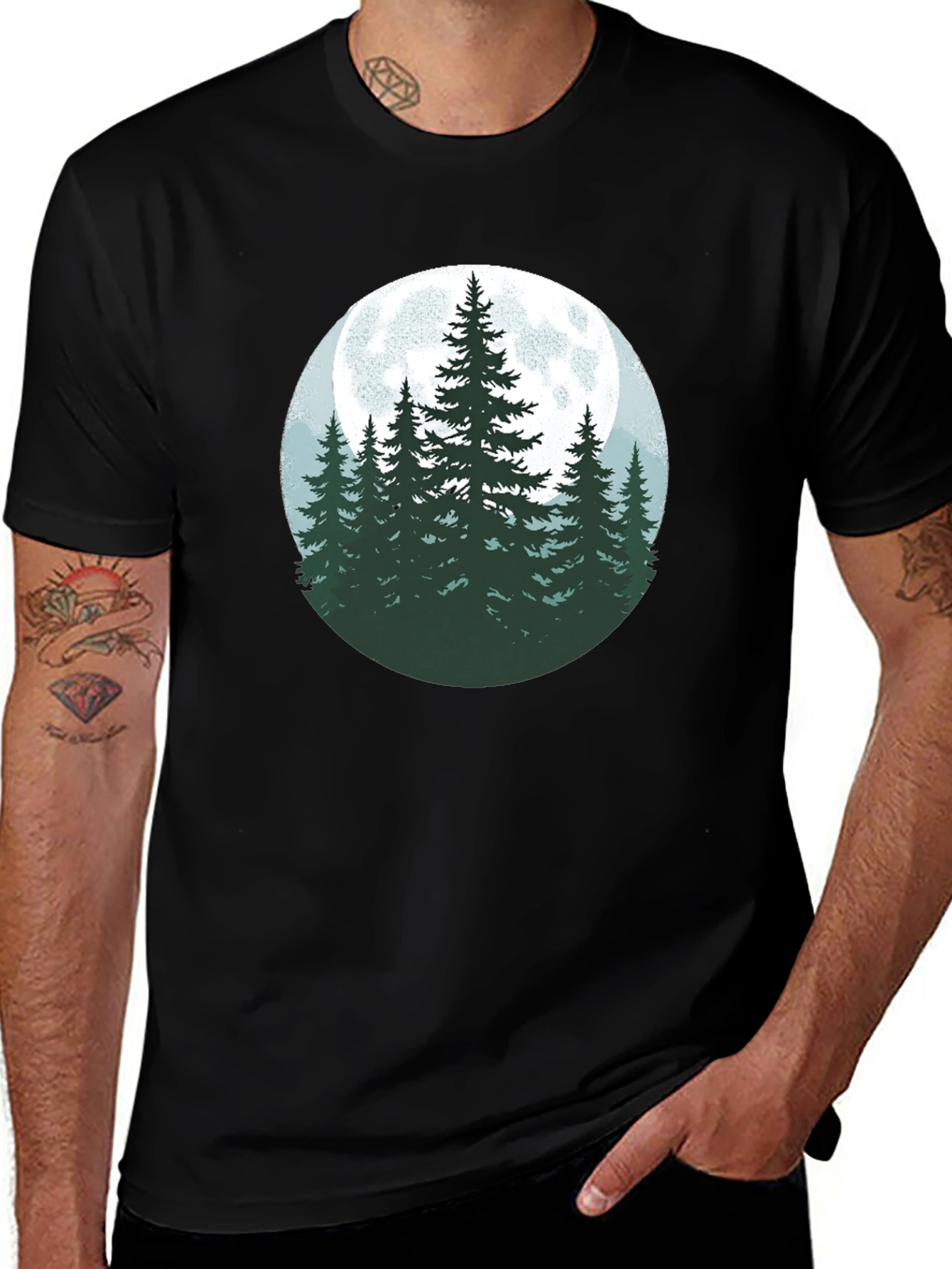 Nature Moon Pine Tree Graphic Tee - Black