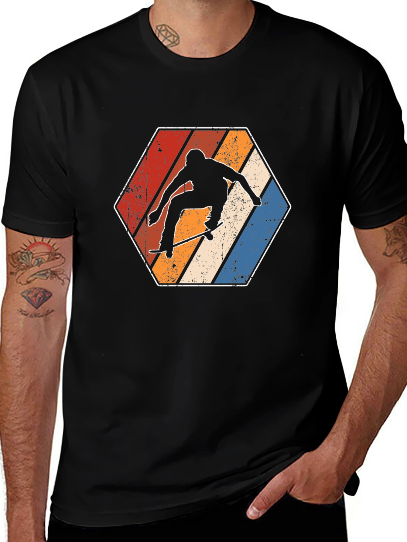 Retro Skateboarder Hexagon Black T-Shirt