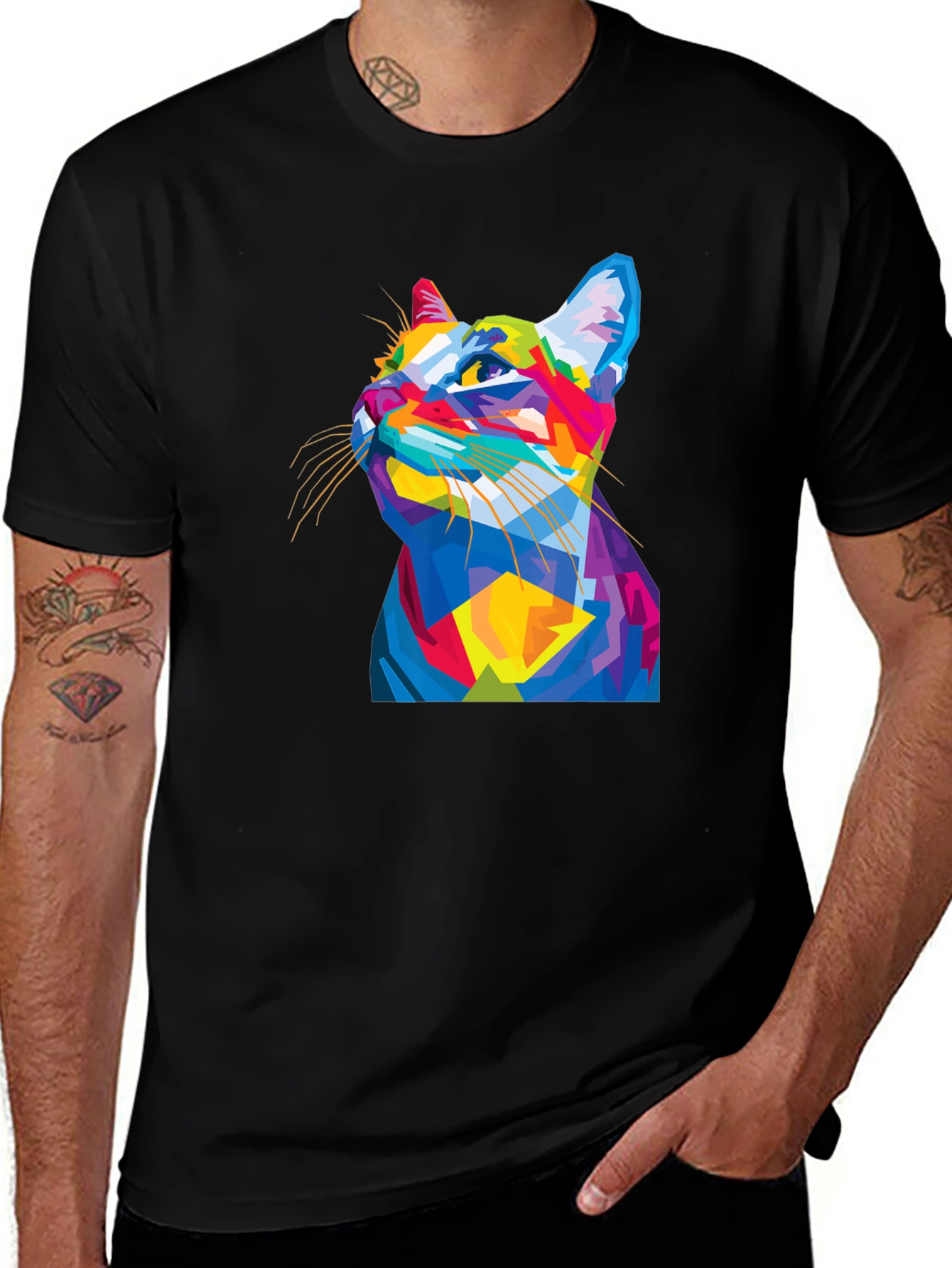 Variant 12 of Geometric Cat Graphic Tee - Stylish Men's Black T-Shirt