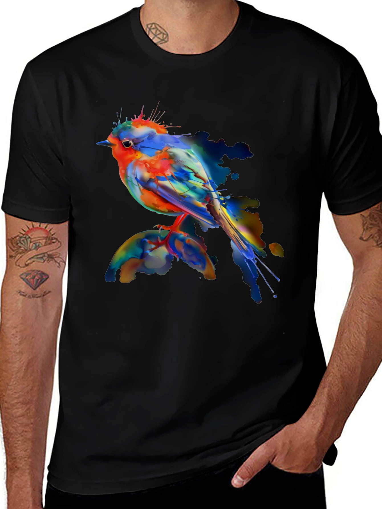 Black Watercolor Bird Print Black T-Shirt main image