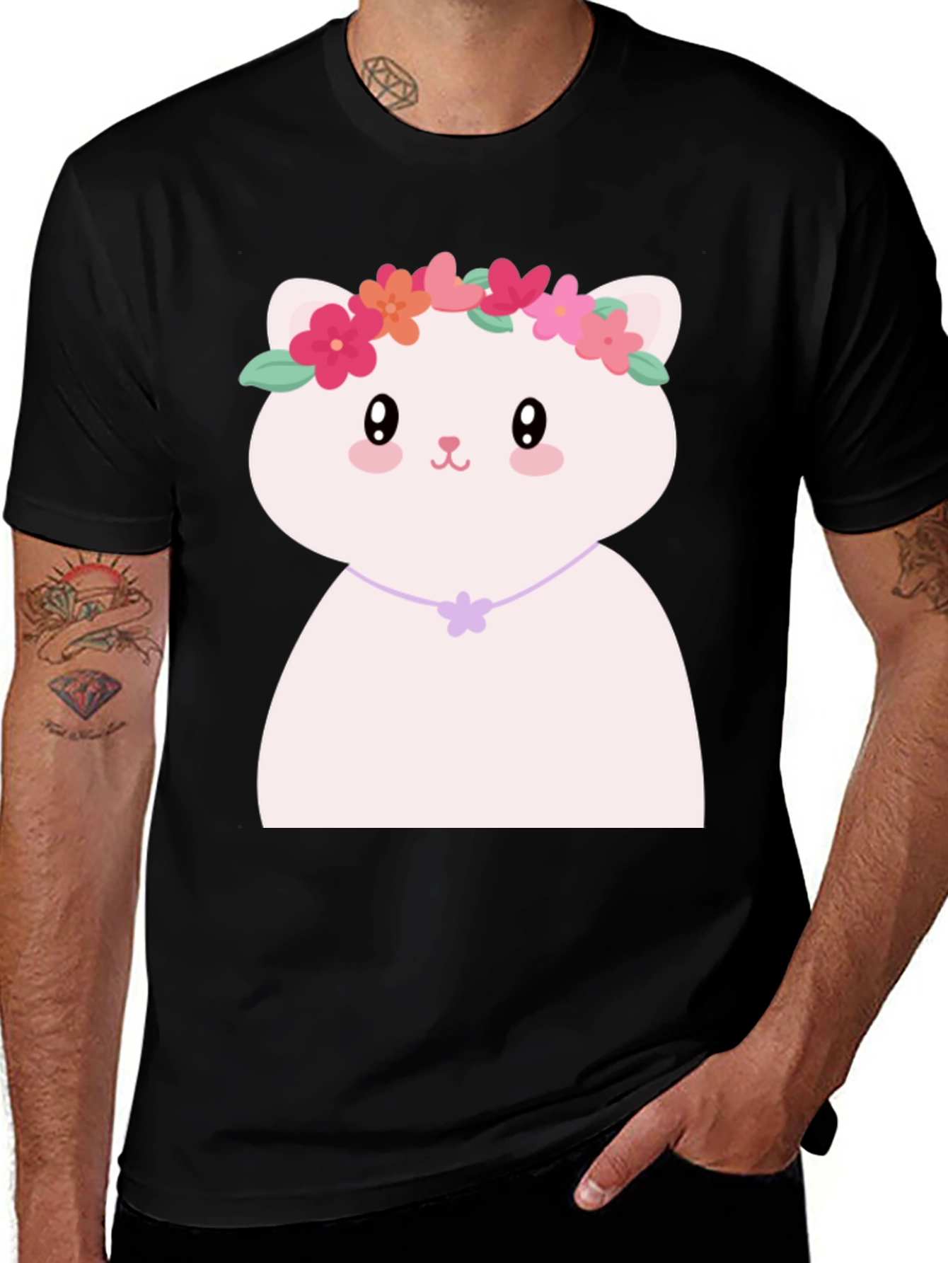 Variant 2 of Cute Kawaii Cat T-Shirt with Flower Crown