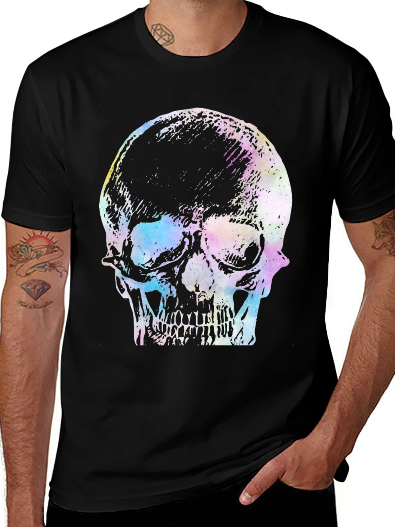 Variant 17 of Watercolor Skull Graphic Tee - Stylish Black T-Shirt