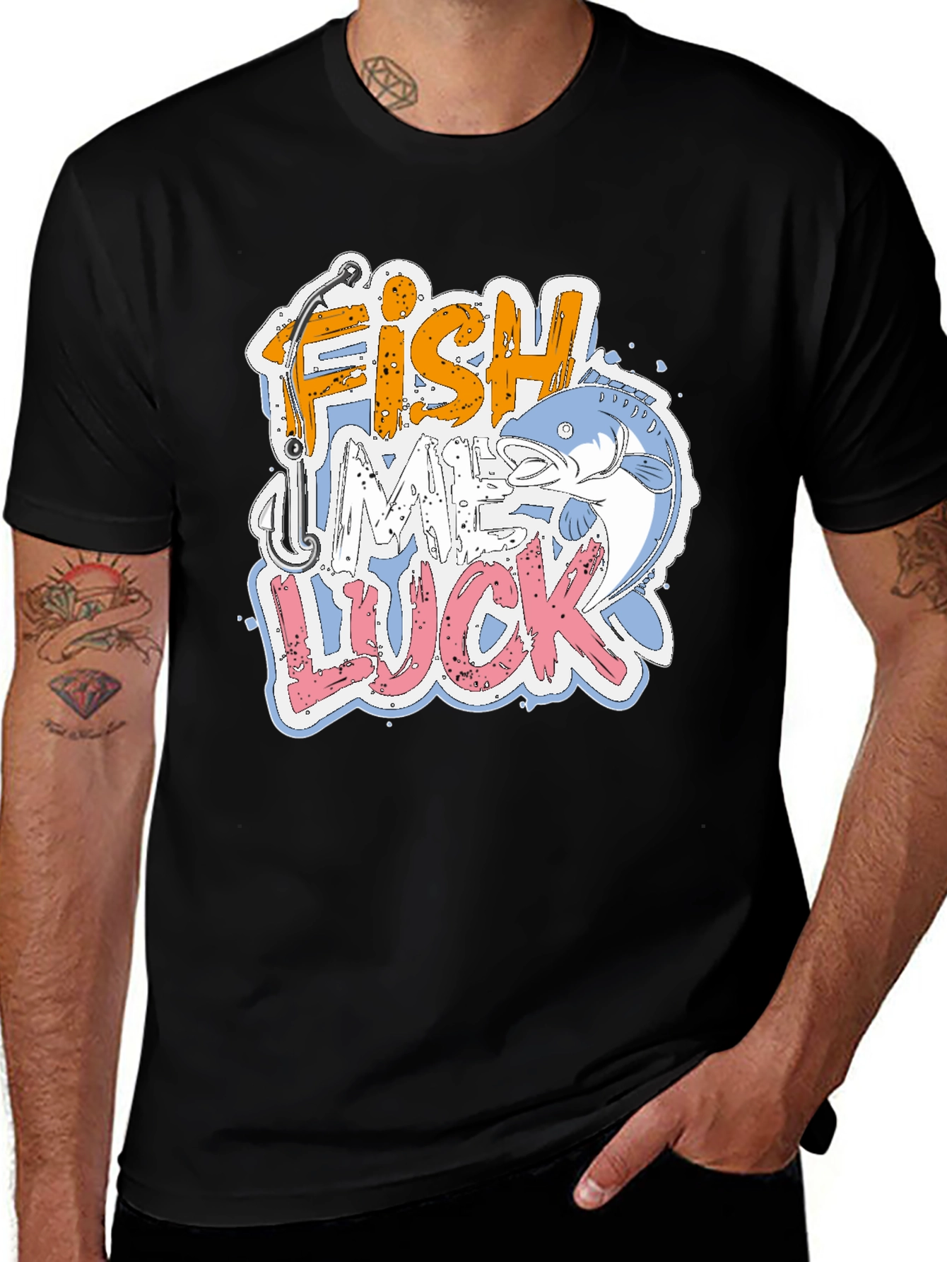 Black Fish Me Luck Graphic T-Shirt, Fishing Tee main image