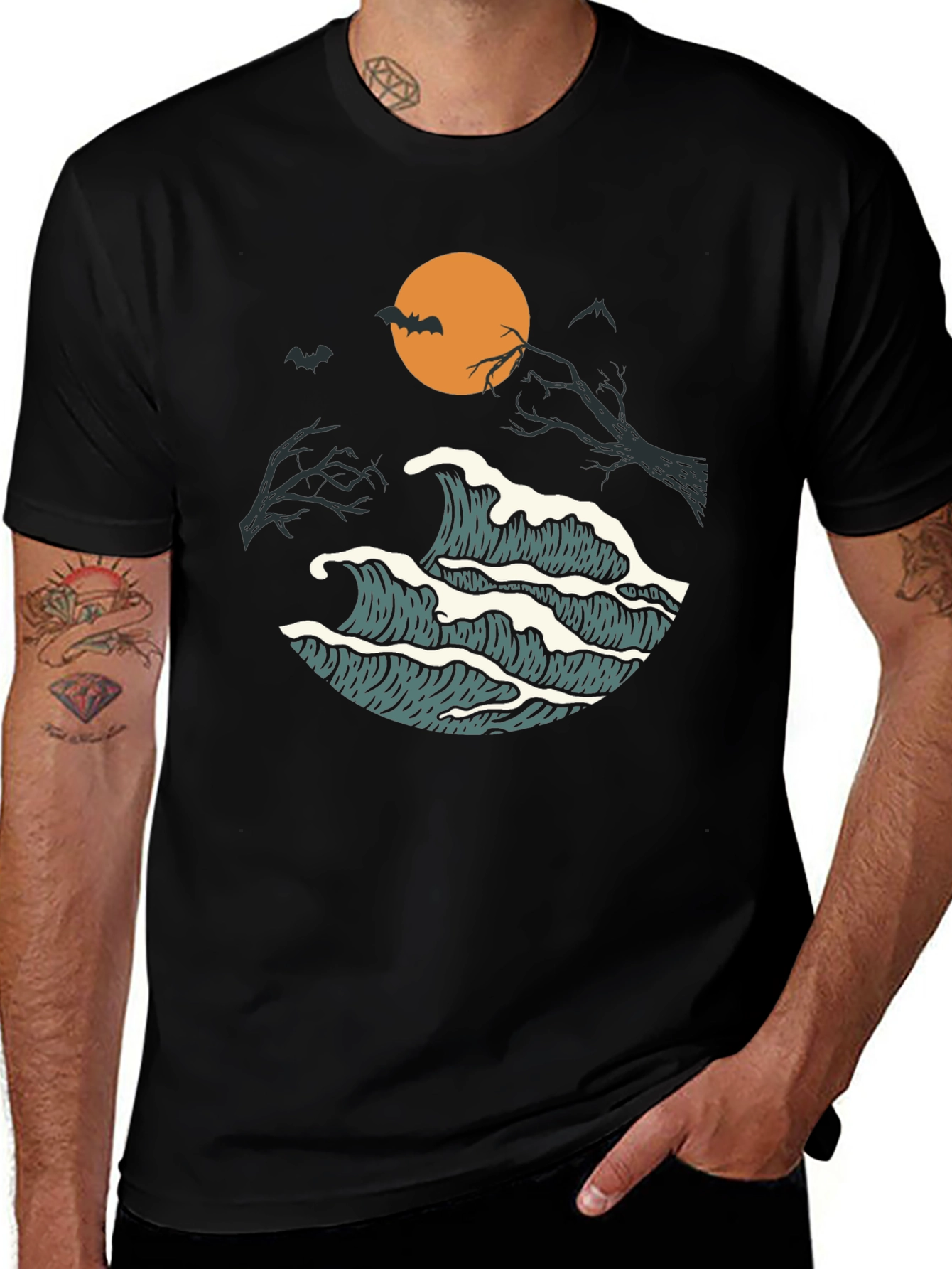 Halloween Waves Graphic Tee - Men's Black T-Shirt