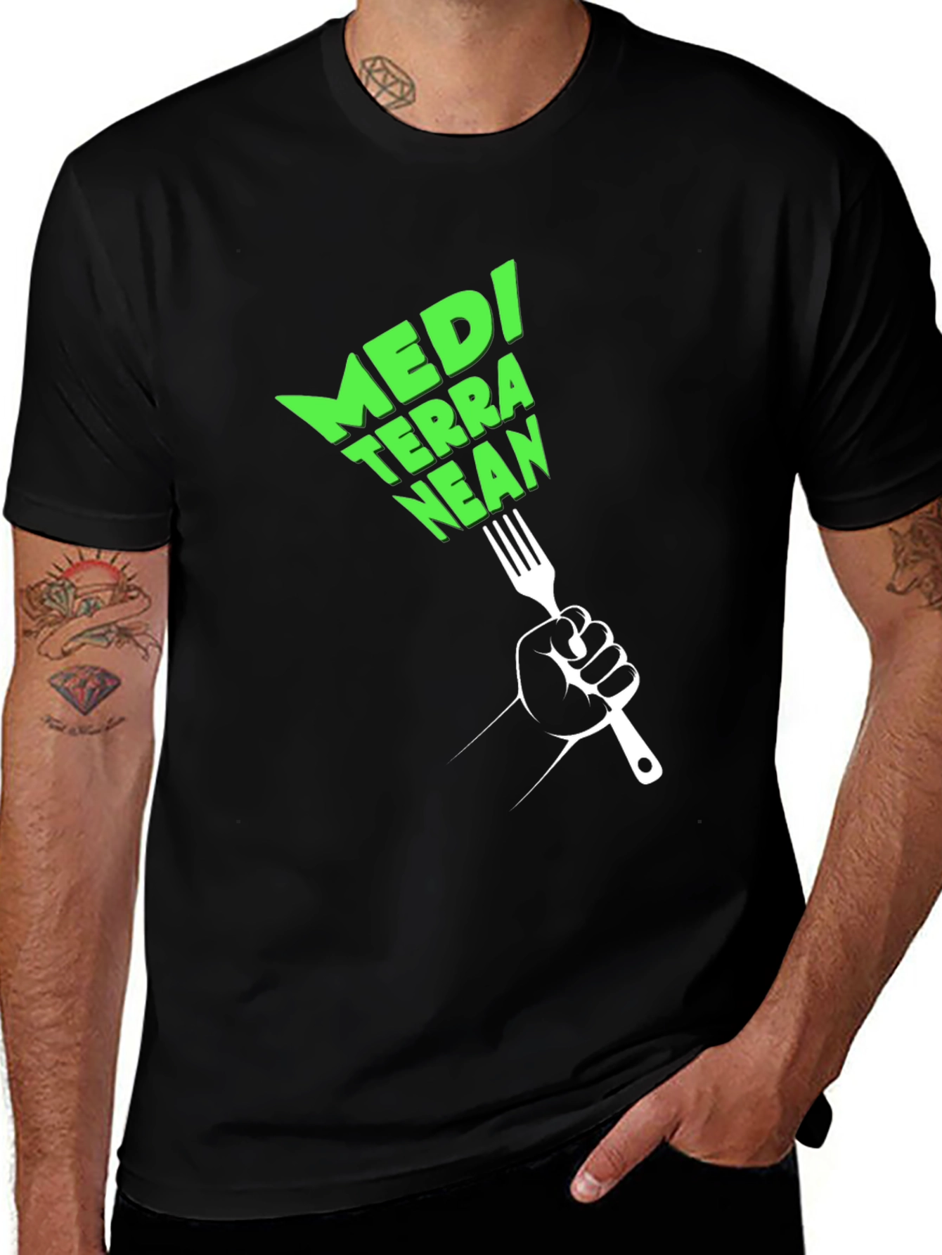 Variant 11 of Mediterranean Diet Black T-Shirt - Fork Graphic