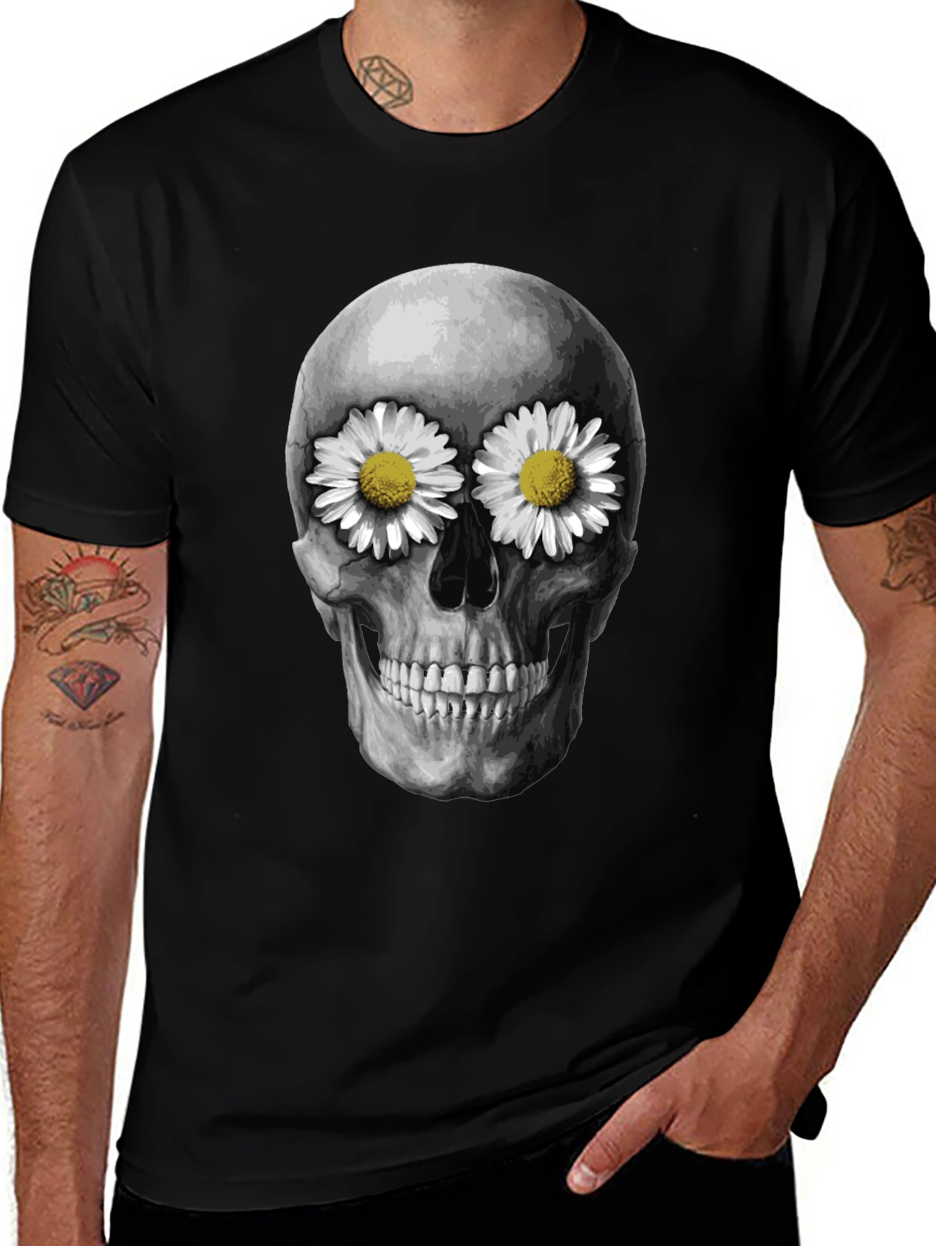 Variant 10 of Skull with Daisies T-Shirt - Dark Humor Tee