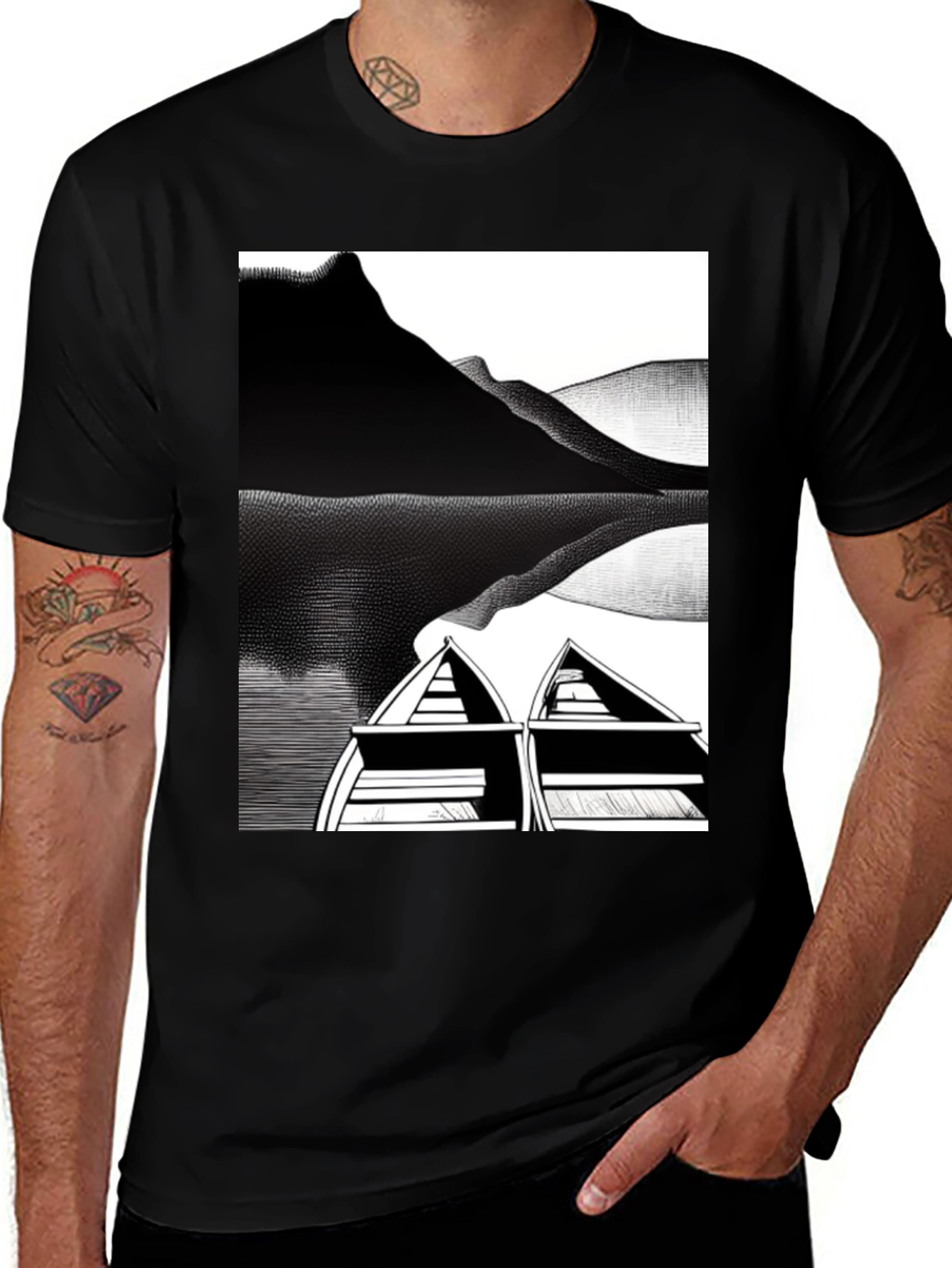 Variant 4 of Black Graphic Tee - Lake & Boat Design