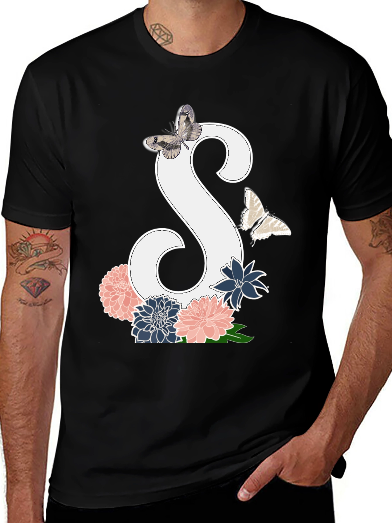 Variant 6 of Floral Initial S Butterfly Black Graphic Tee