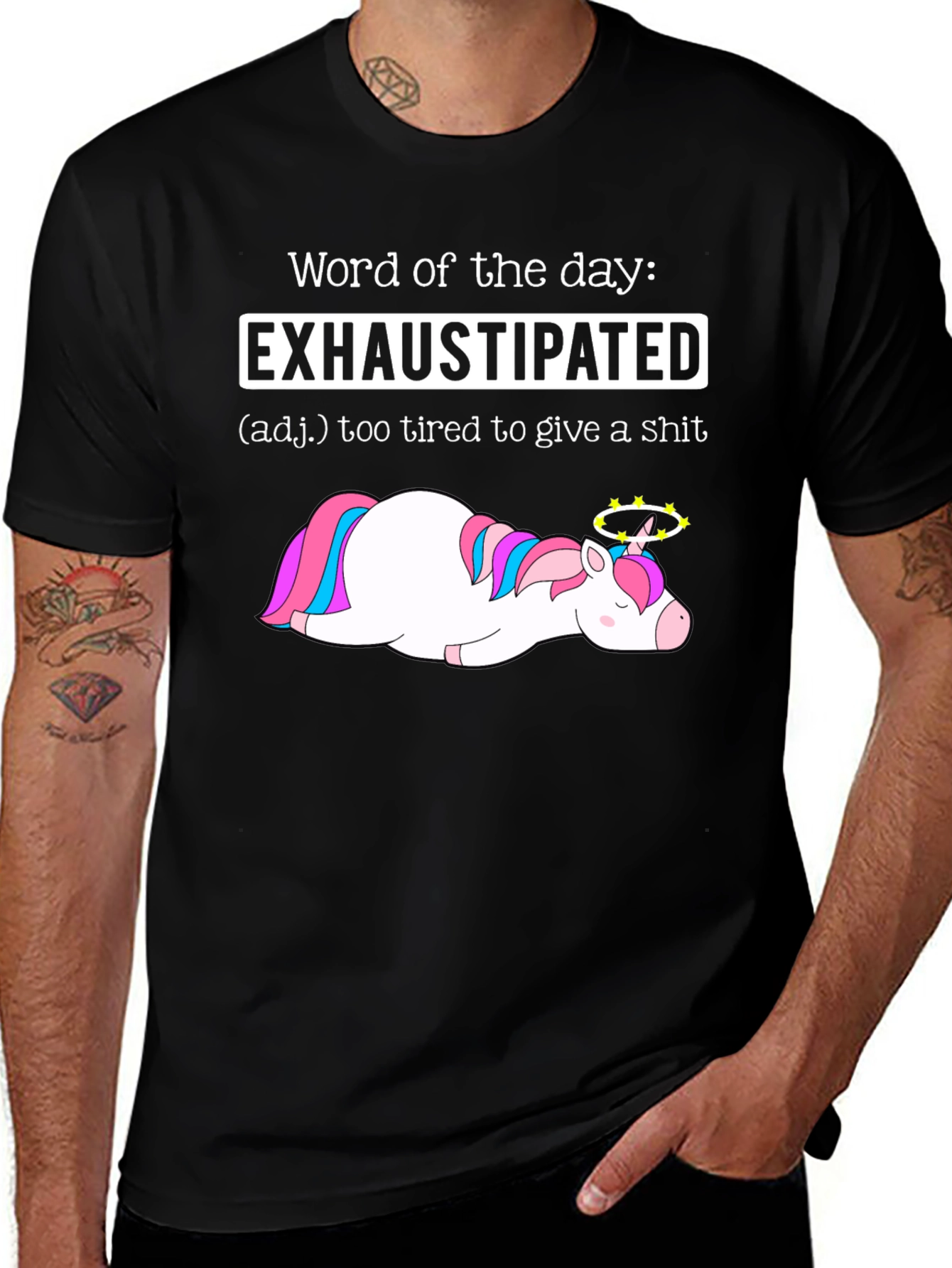 Variant 5 of Exhaustipated Unicorn T-Shirt - Funny Word of the Day Tee
