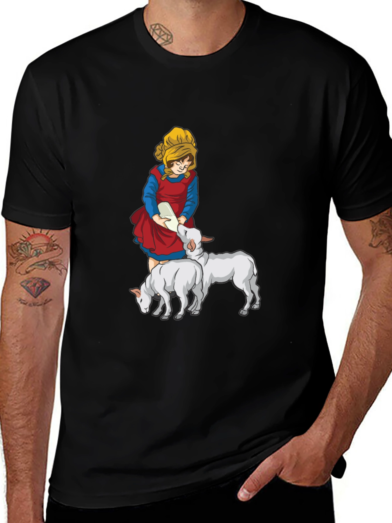 Variant 2 of Cartoon Girl Feeding Lambs Graphic Tee