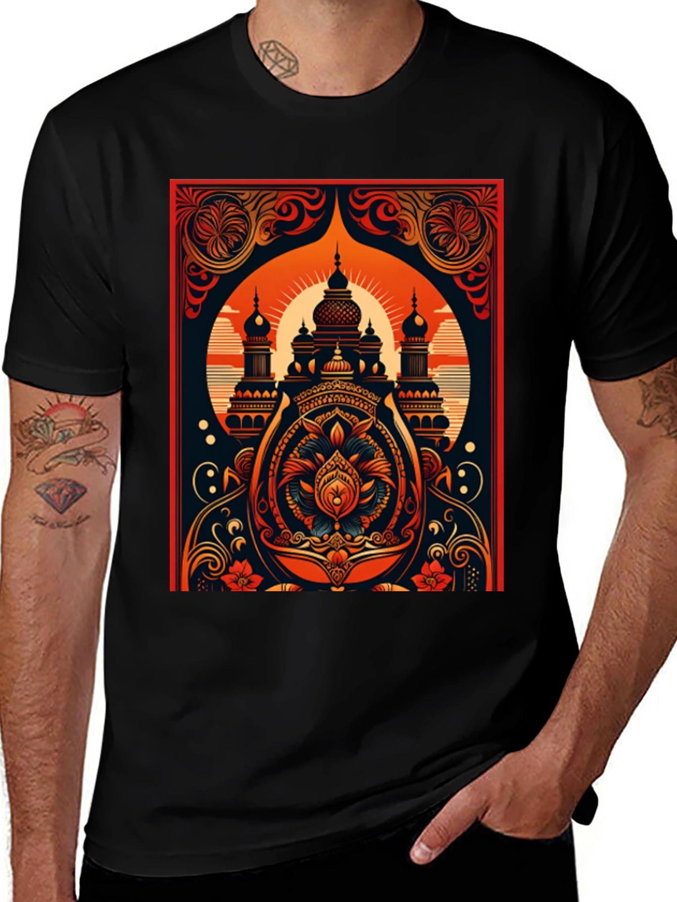 Variant 16 of Ornate Temple Graphic Tee - Black Cotton Comfort