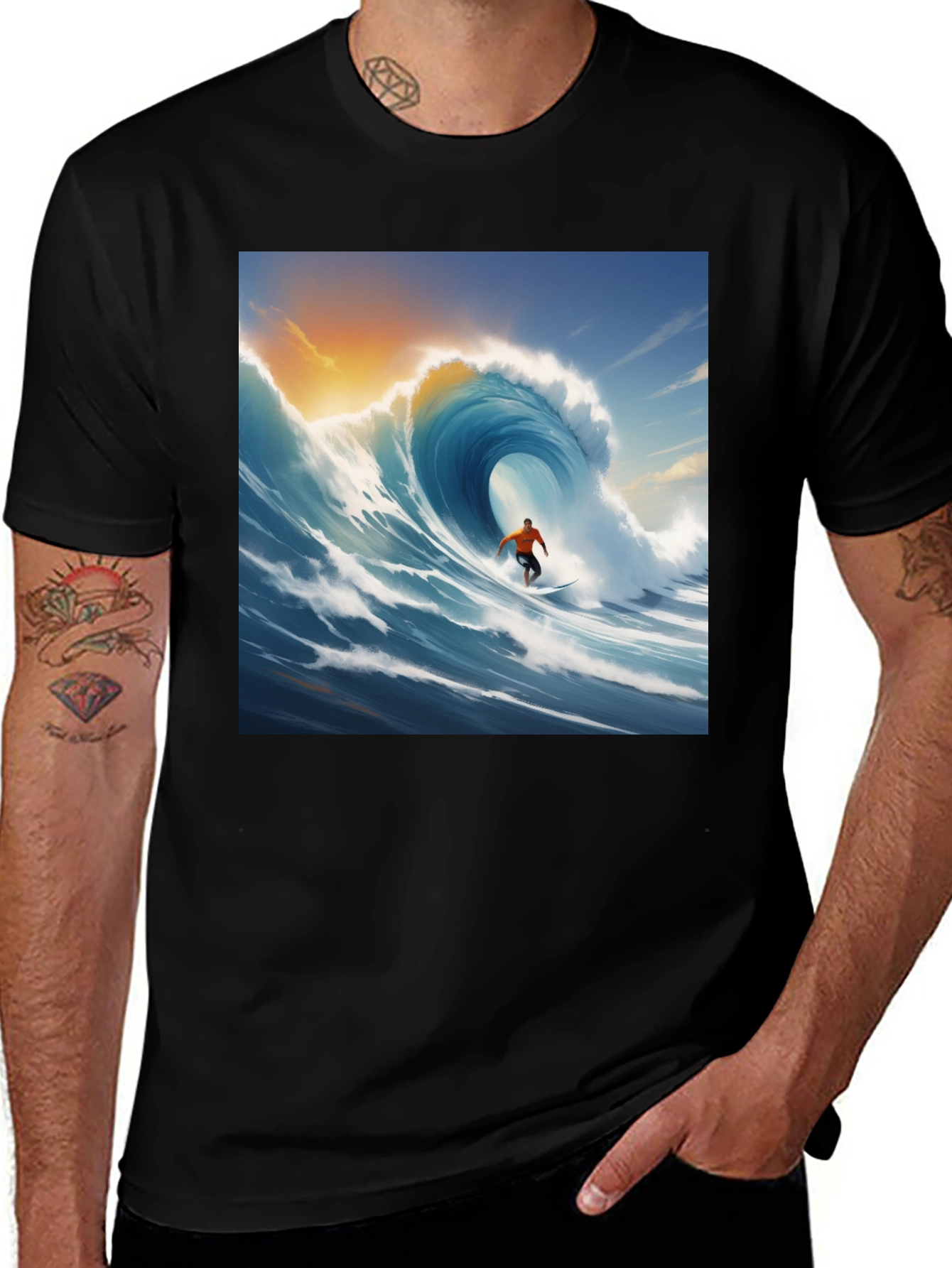 Variant 12 of Surfing Wave Graphic Tee - Black Cotton T-Shirt