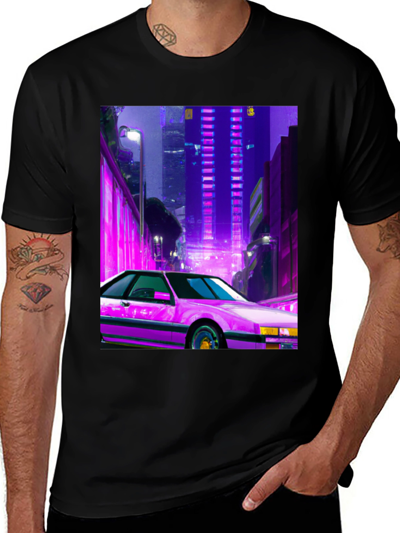 Variant 5 of Cyberpunk Car Graphic Tee - Retro Wave Style