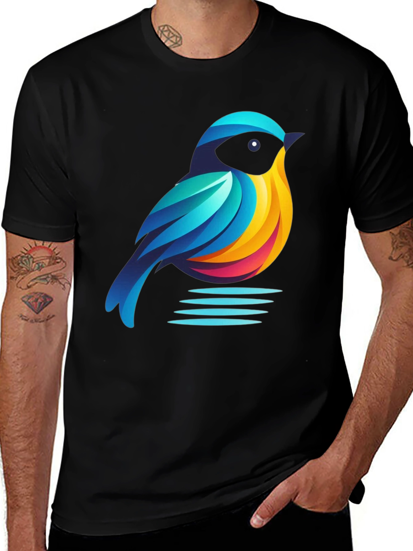 Variant 18 of Colorful Bird Graphic Black T-Shirt