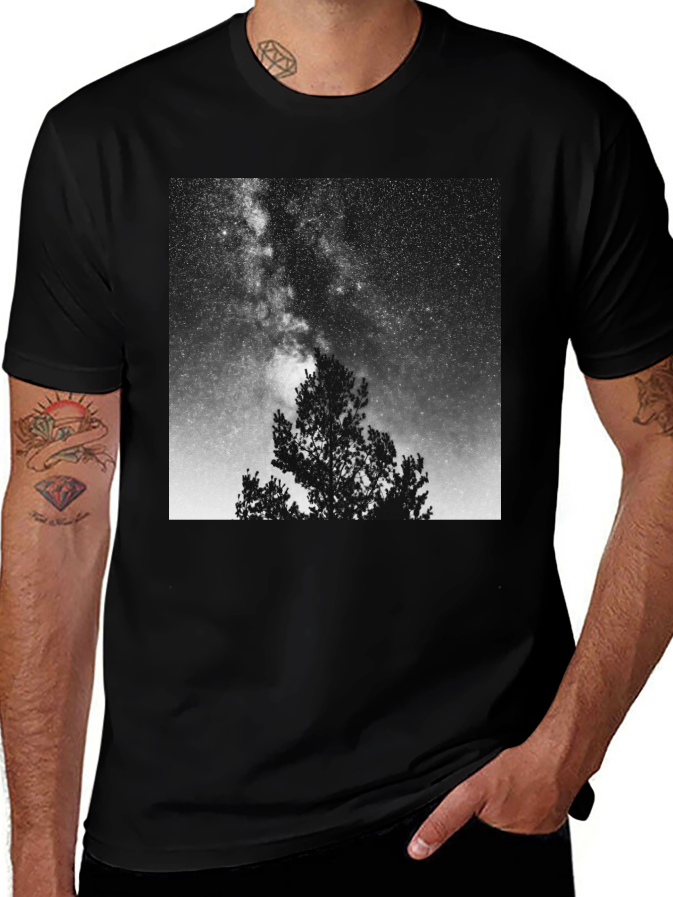 Variant 9 of Night Sky Tree Graphic Tee - Black Cotton T-Shirt