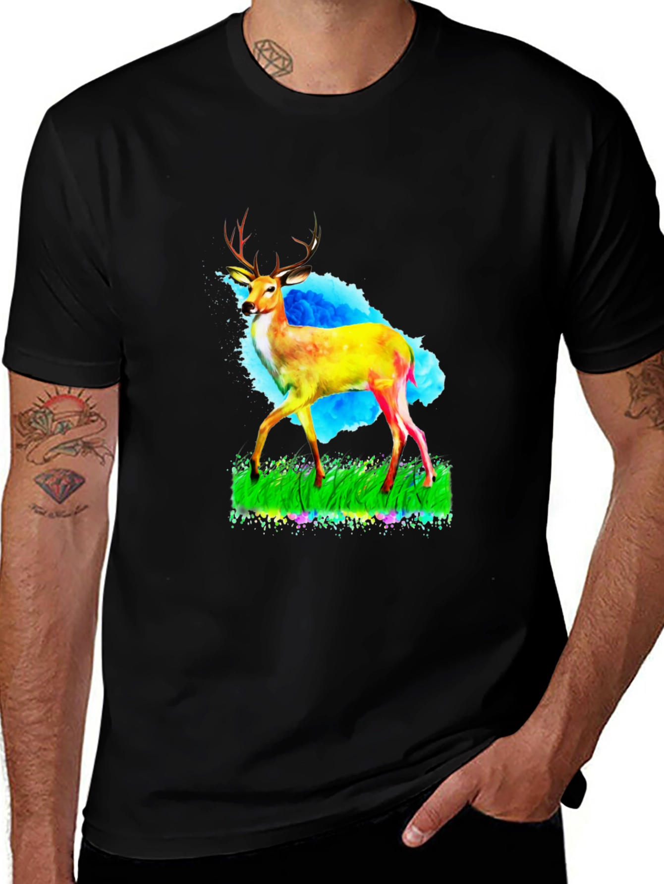 Variant 30 of Watercolor Deer Graphic Black T-Shirt
