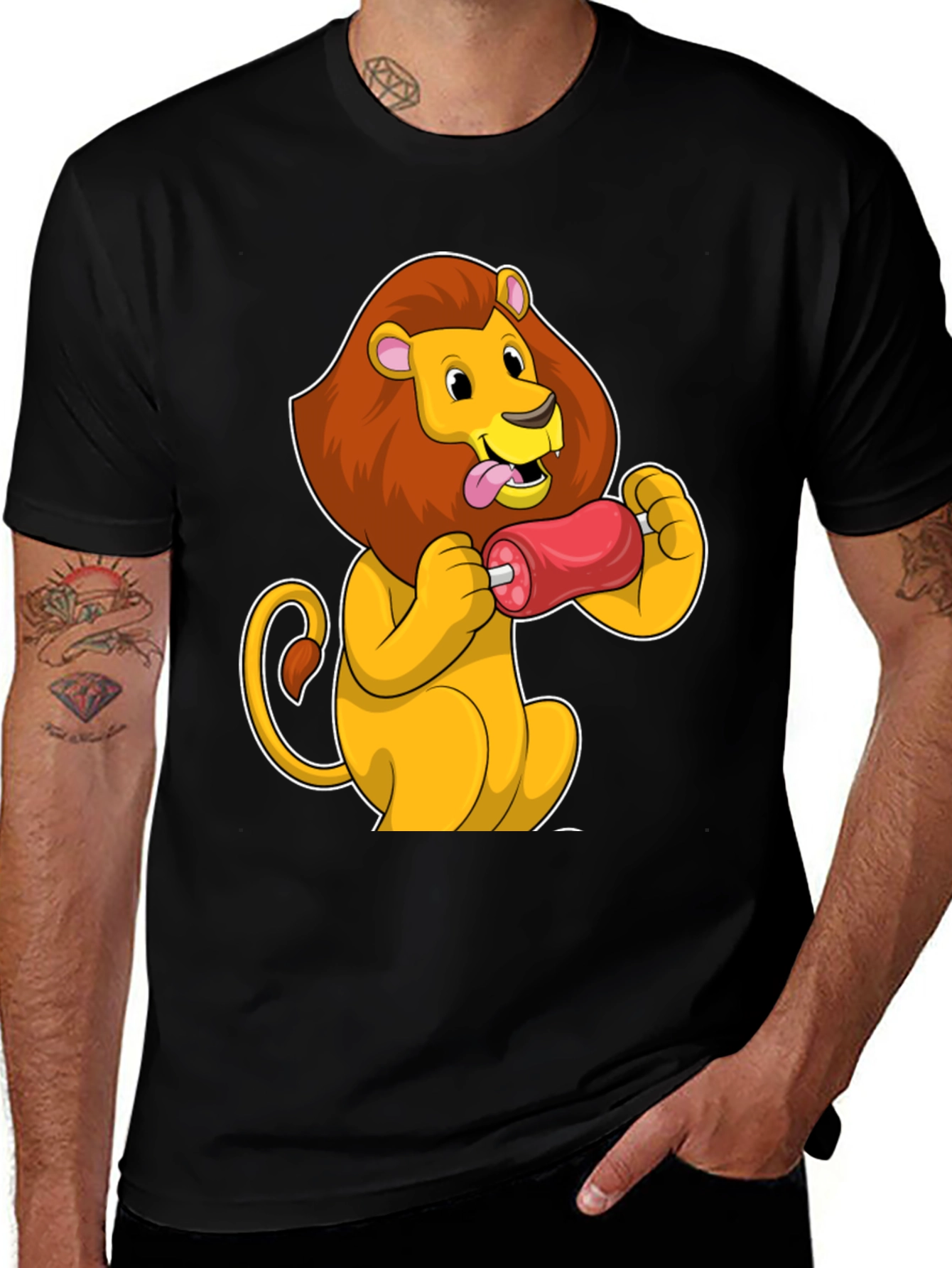 Lion Eating Meat T-Shirt - Cartoon Graphic Tee