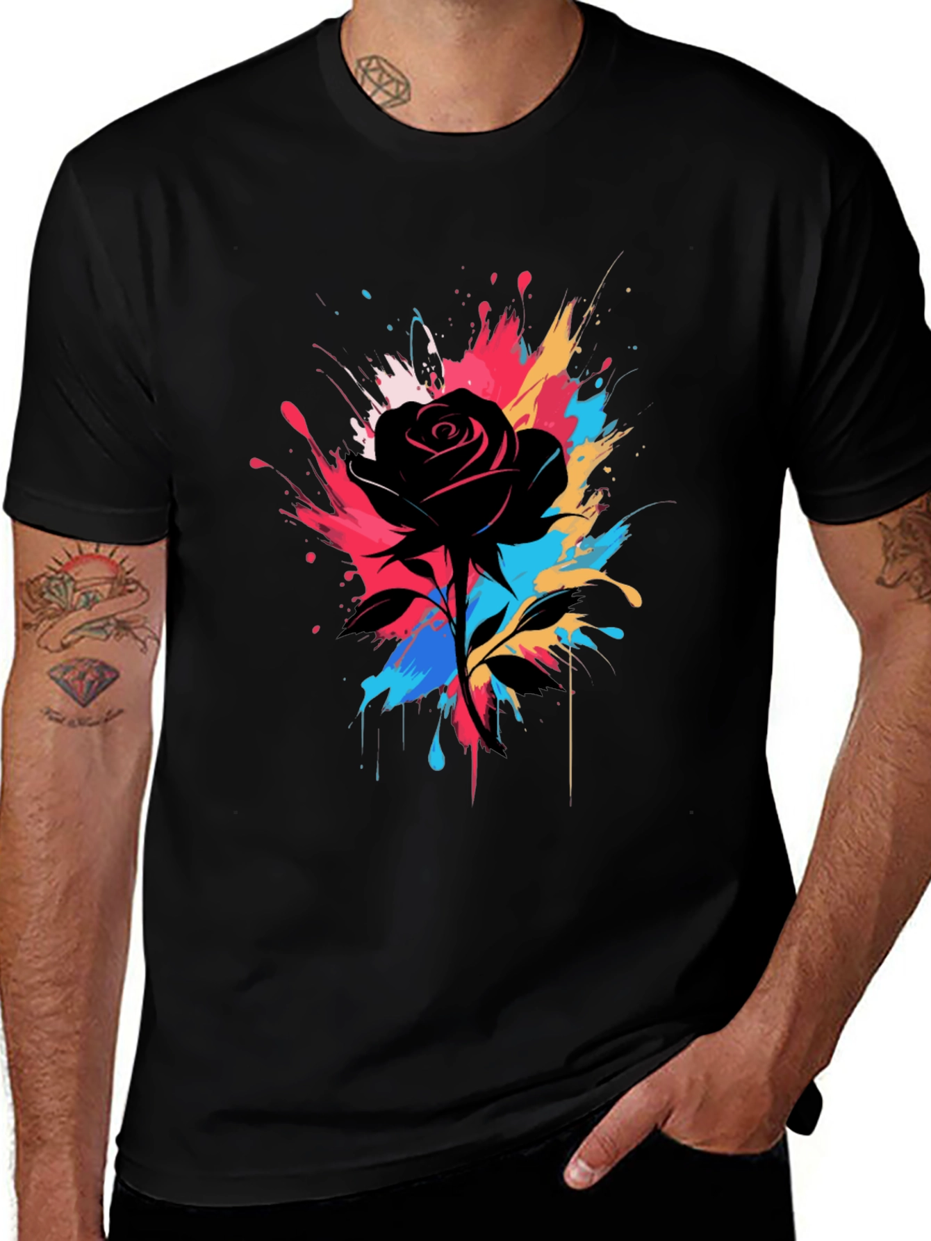 Variant 2 of Black Rose Splash T-Shirt - Unique Artistic Design
