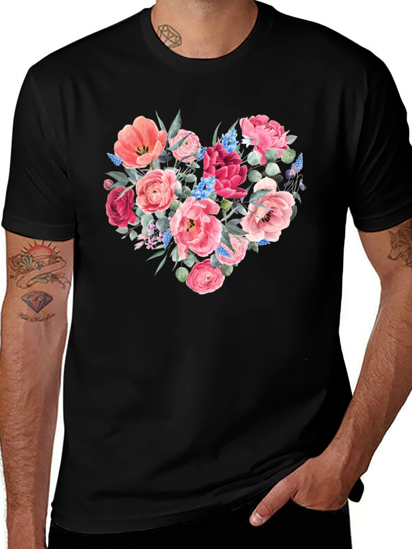 Variant 11 of Floral Heart Graphic Tee - Black Unisex T-Shirt