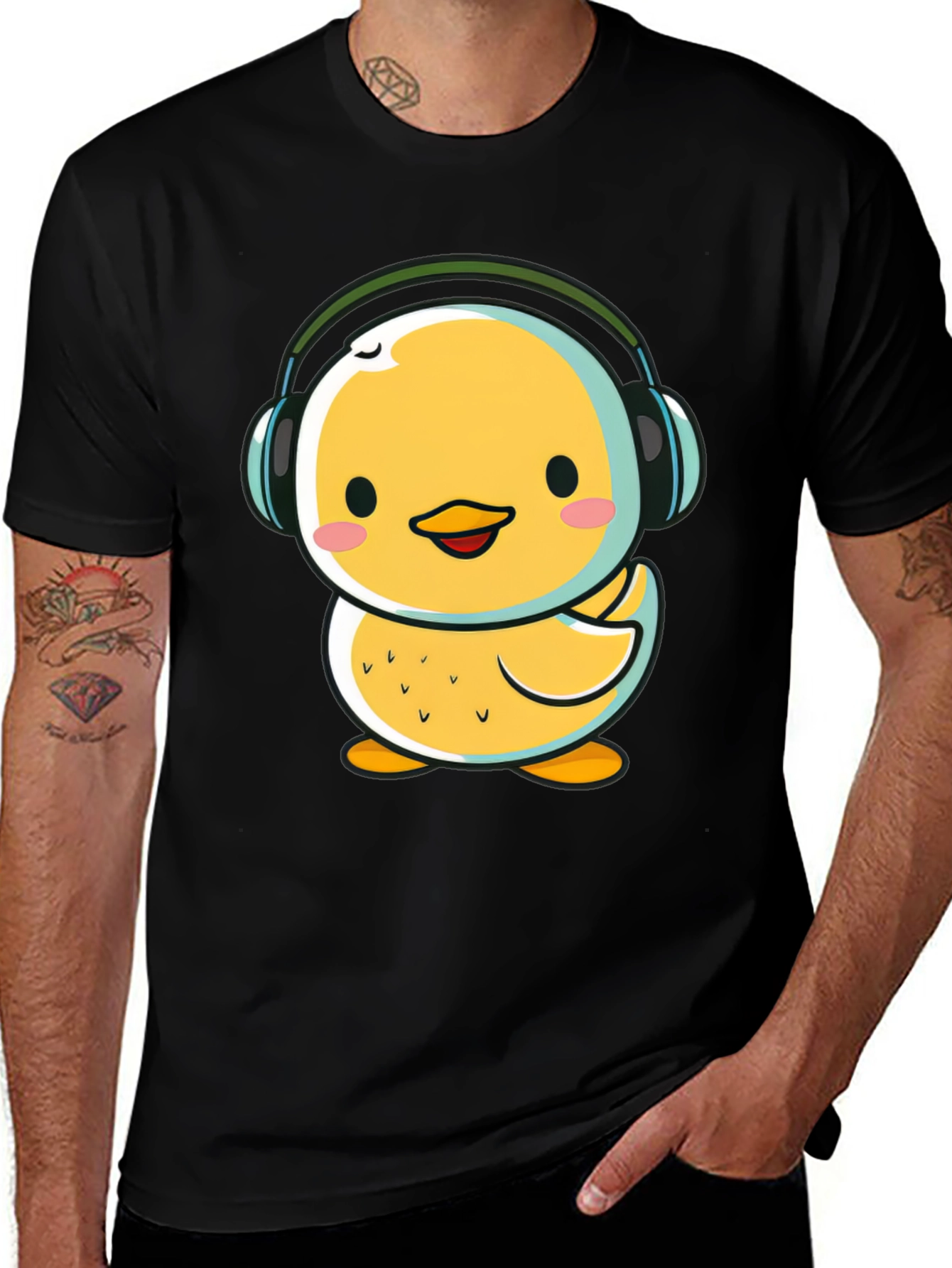 Variant 6 of Cool Chick Tee - Cartoon Duck with Headphones Black T-Shirt