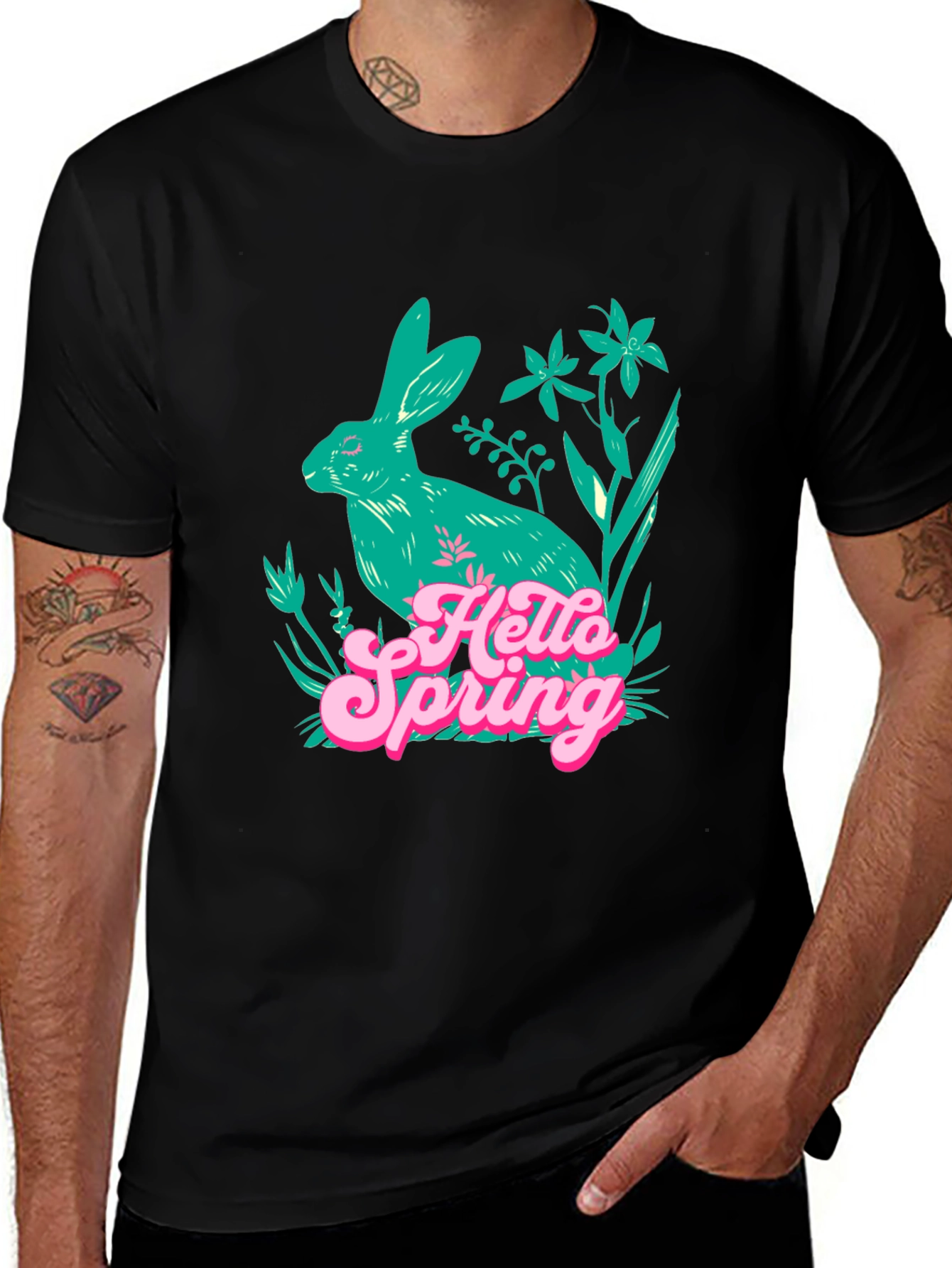Hello Spring Bunny Graphic Tee - Black