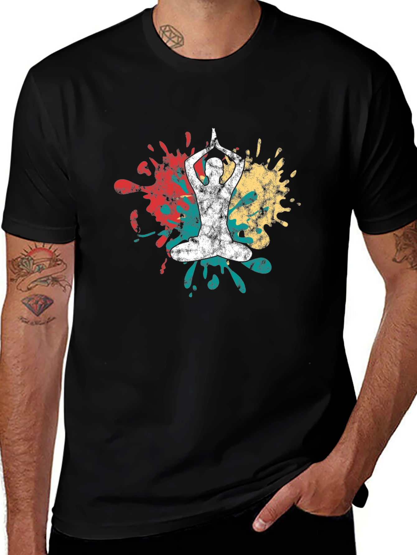 Variant 21 of Yoga Pose Splatter Graphic Black T-Shirt