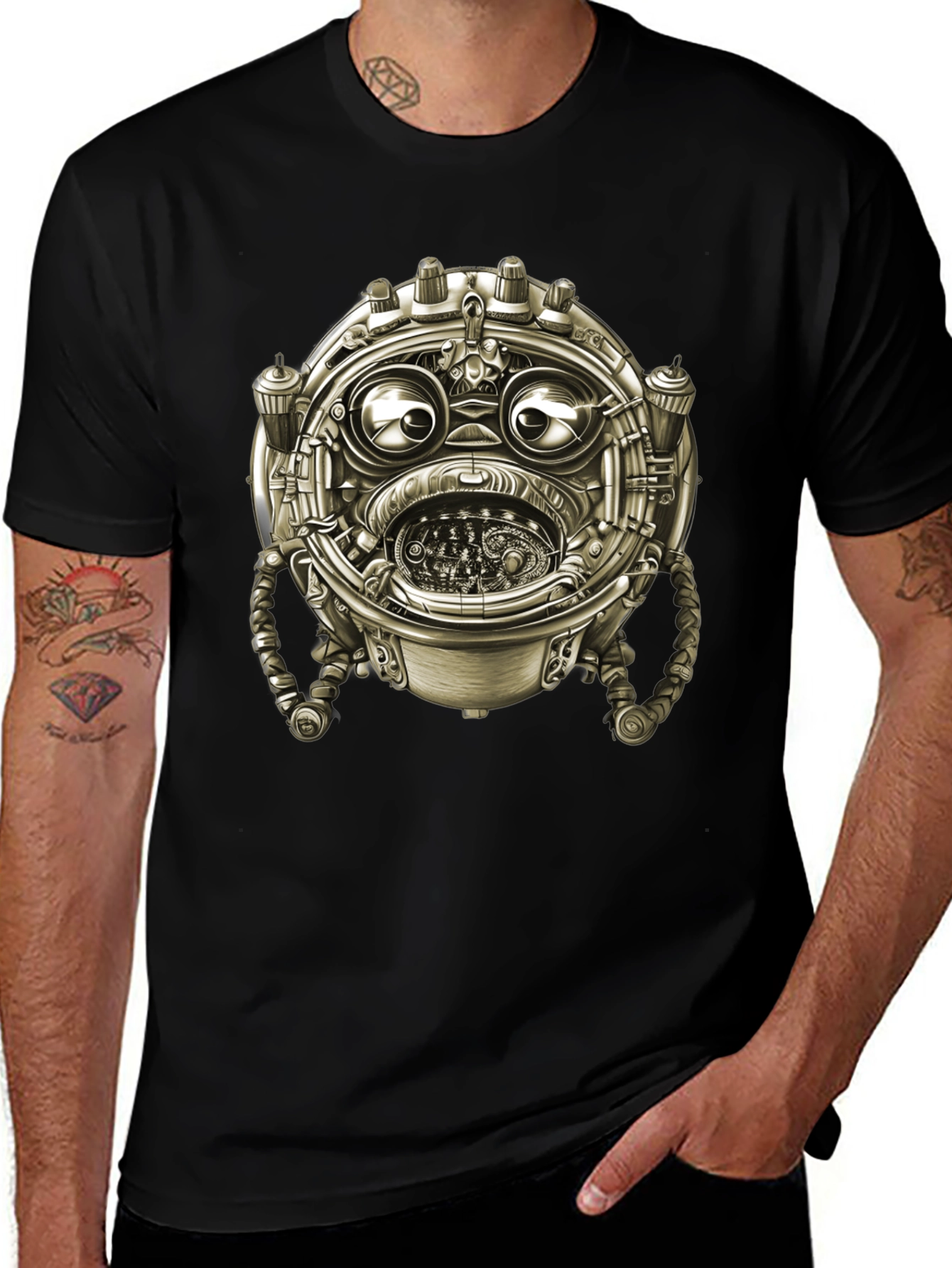 Variant 23 of Steampunk Robot Graphic Tee - Unique Black T-Shirt