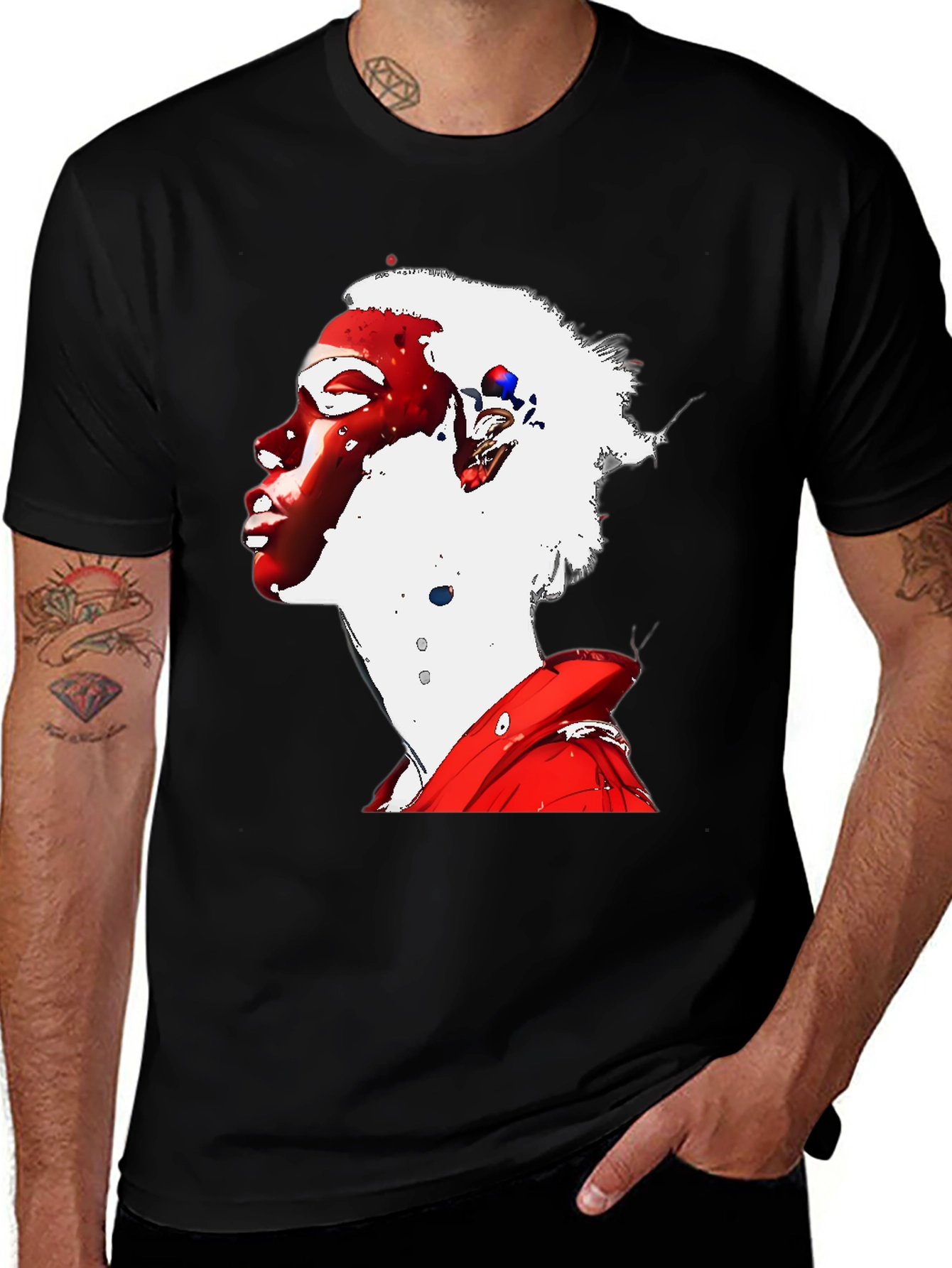 Abstract Red & White Graphic Print Black T-Shirt