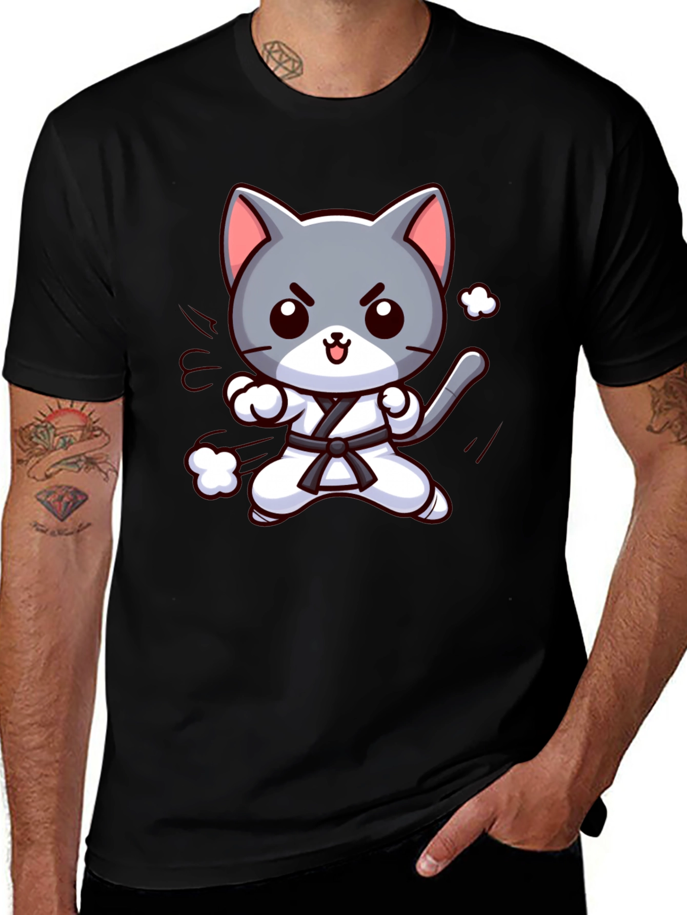 Variant 11 of Karate Cat Black T-Shirt - Martial Arts Kitten Tee