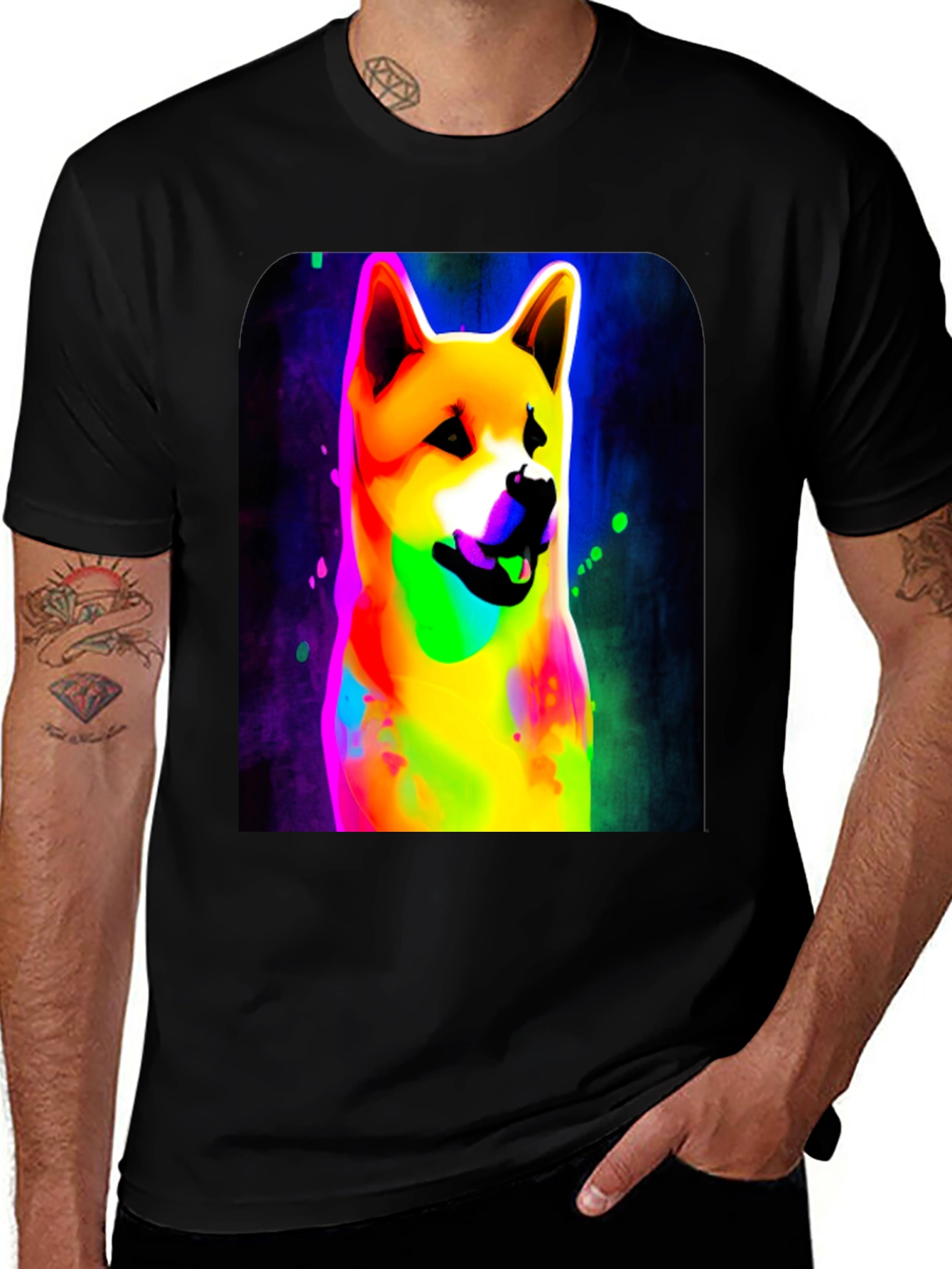 Variant 17 of Colorful Shiba Inu Dog Graphic Tee - Black Cotton Blend