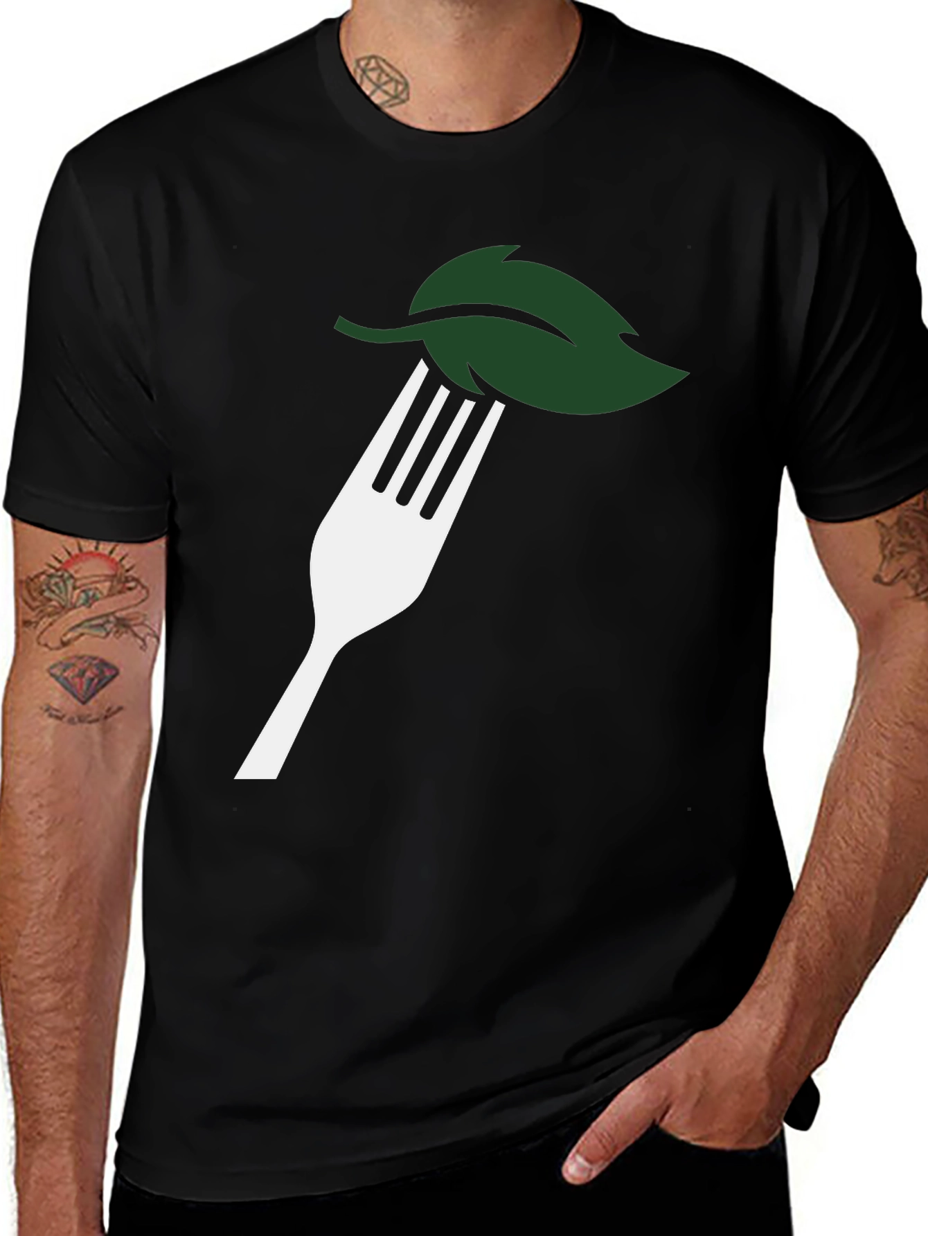 Variant 29 of Vegan Fork Leaf Graphic Tee - Black Cotton Shirt