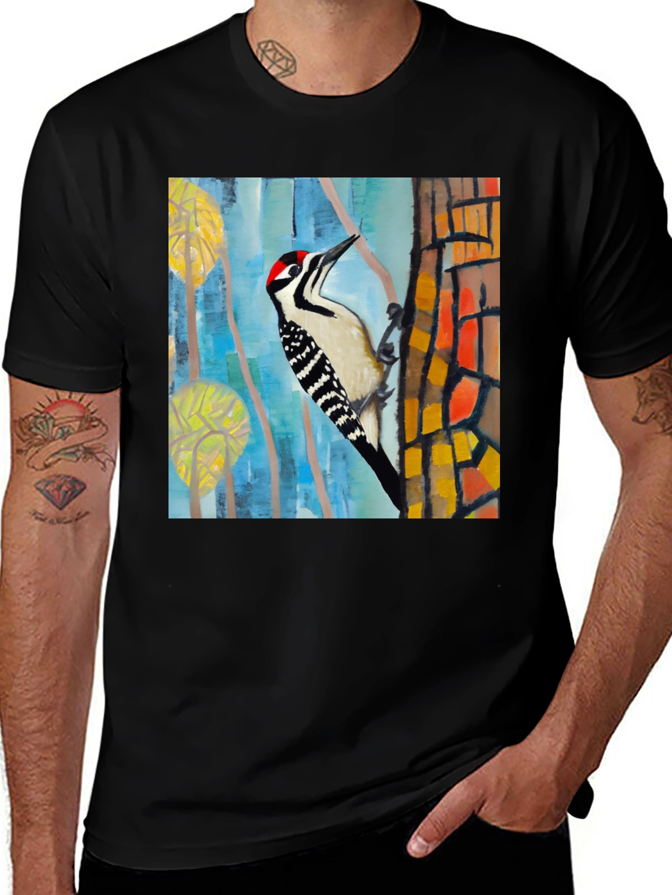 Variant 5 of Woodpecker Art Print Black T-Shirt