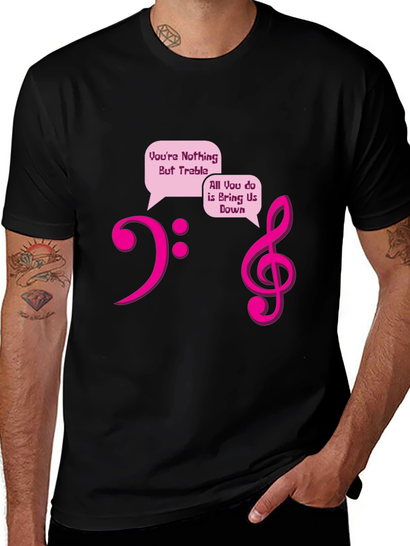 Variant 3 of Music Pun T-Shirt: Treble & Bass Clef Design