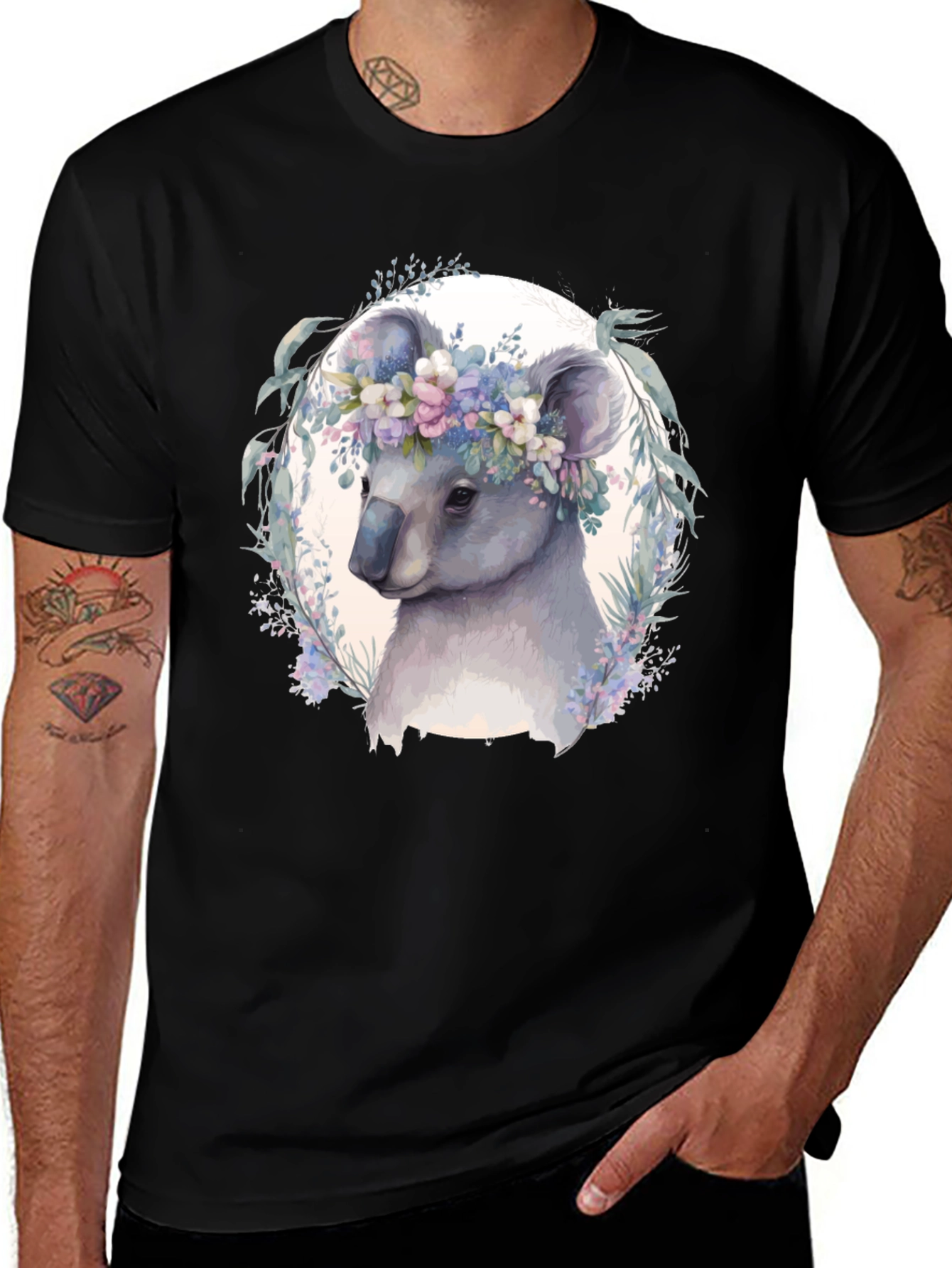Variant 4 of Koala Bear Floral Wreath Black T-Shirt