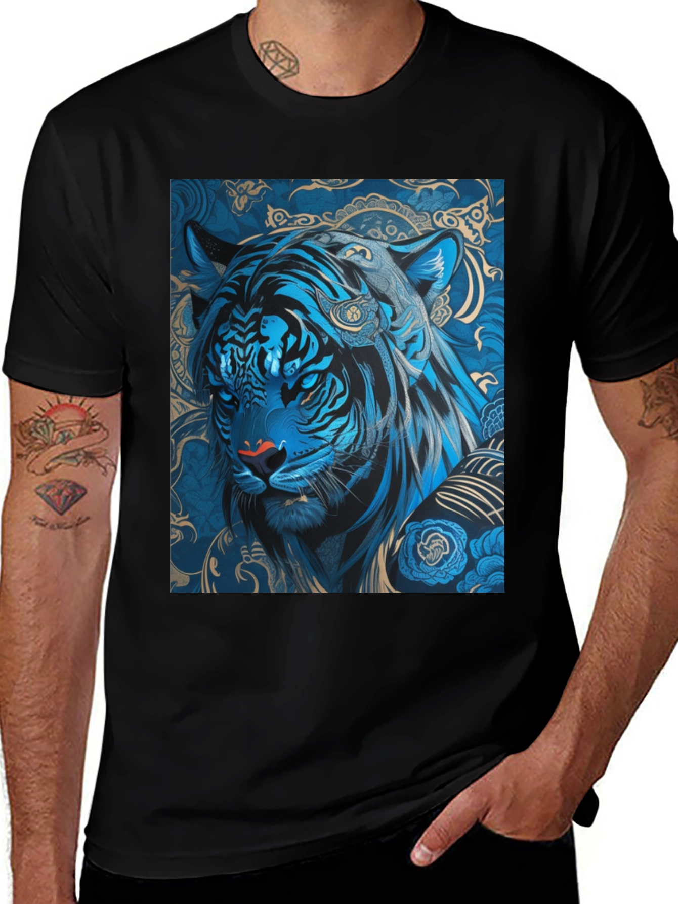 Variant 7 of Blue Tiger Graphic T-Shirt - Men's Black Tee