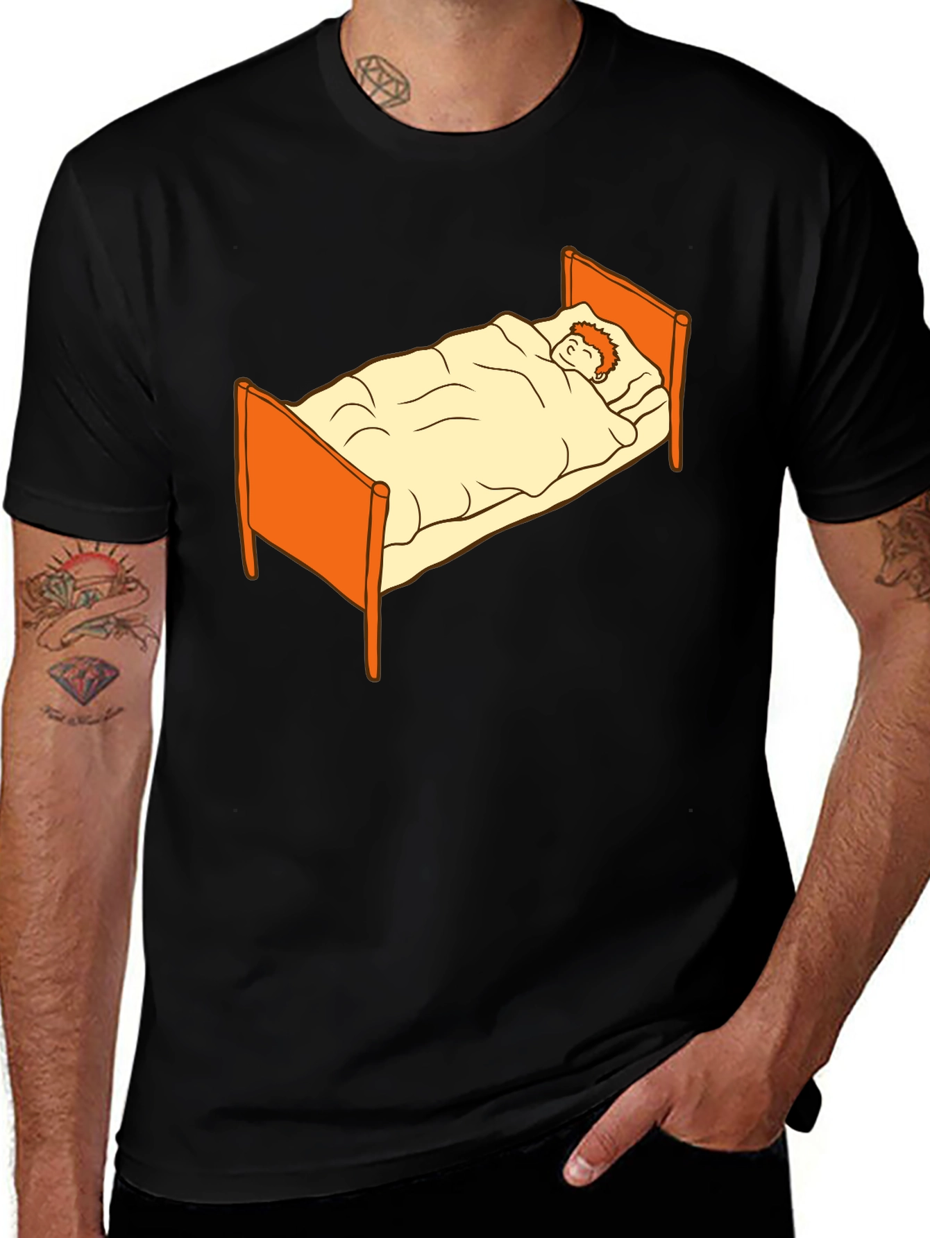 Variant 19 of Sleepy Cartoon Man in Bed Graphic Tee - Black