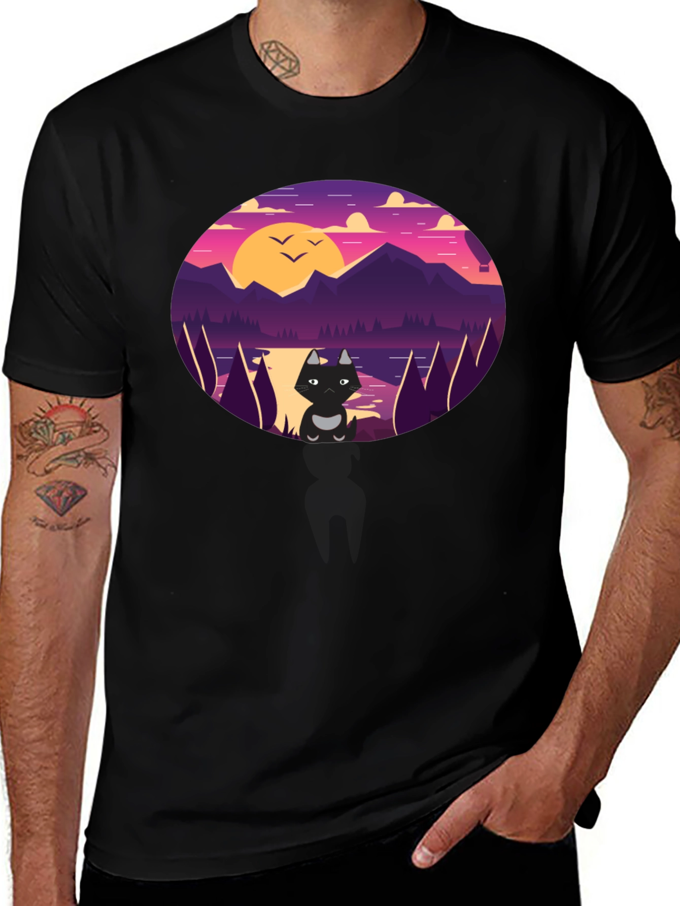 Variant 20 of Black Cat Sunset Graphic Tee - Stylish Cotton T-Shirt