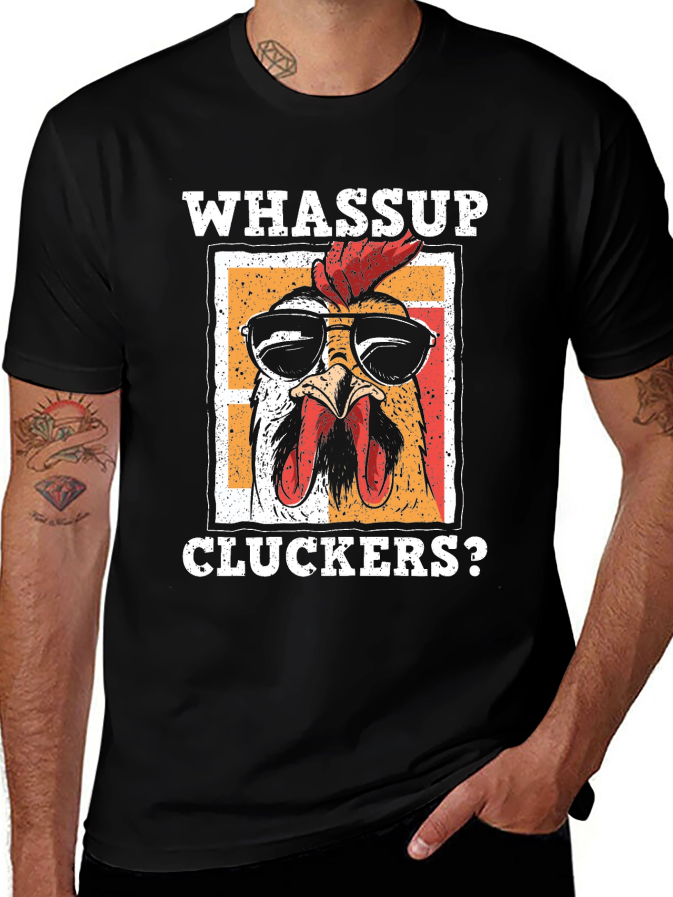 Black Whassup Cluckers? T-Shirt - Cool Chicken Design main image