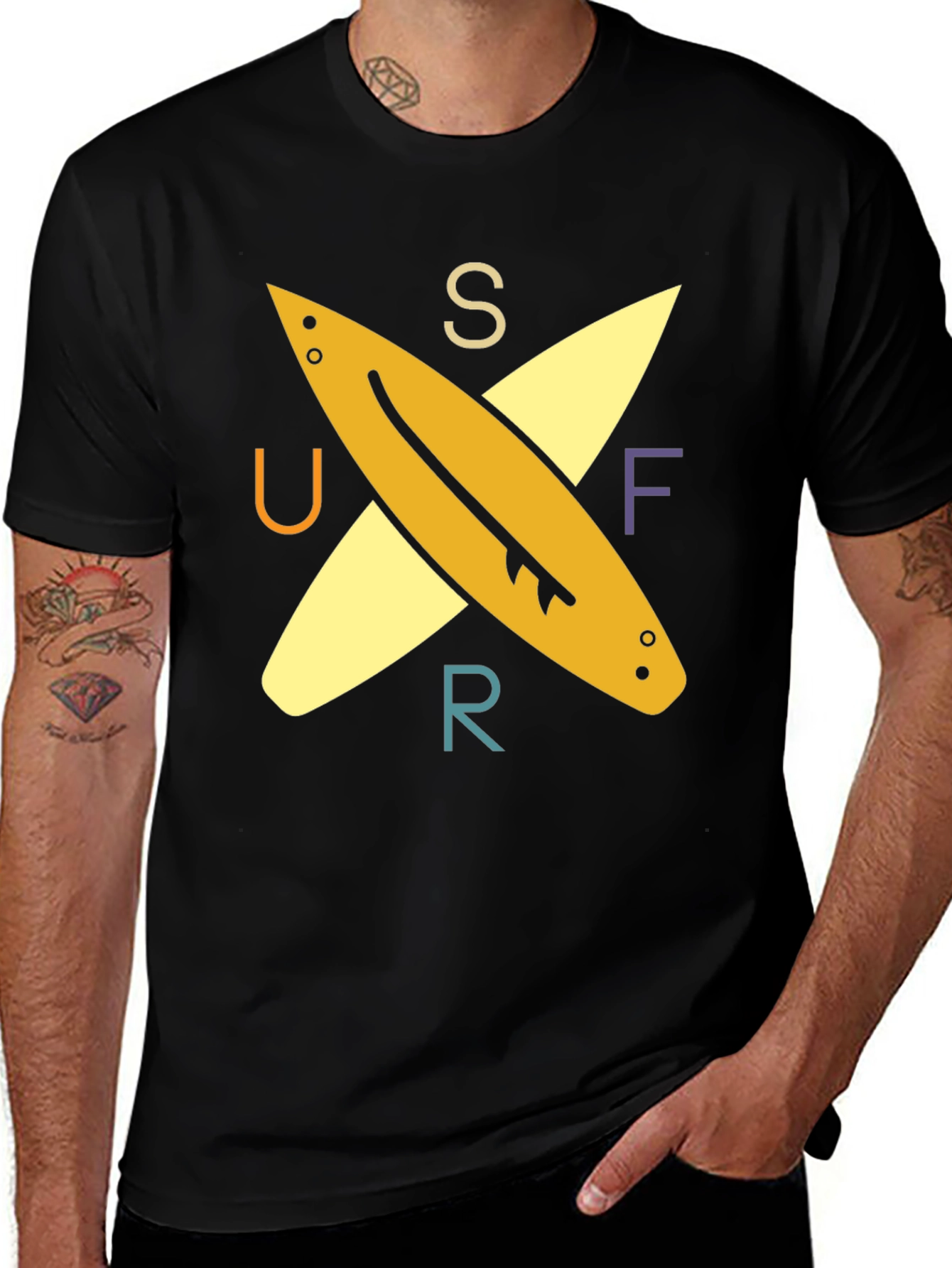Variant 5 of Surfer Tee: Retro Surfboard Design Black T-Shirt