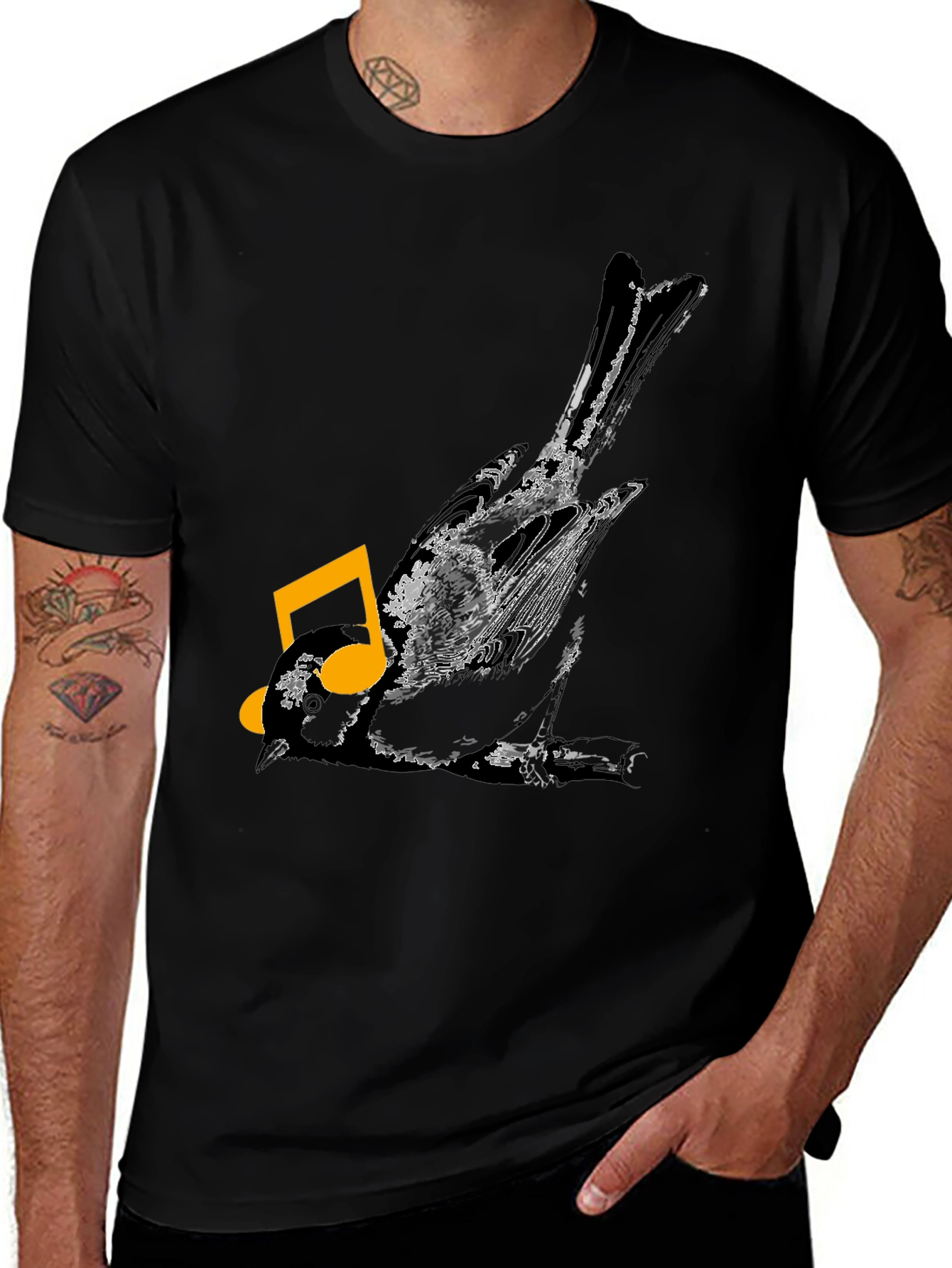 Bird & Music Note Graphic Black T-Shirt