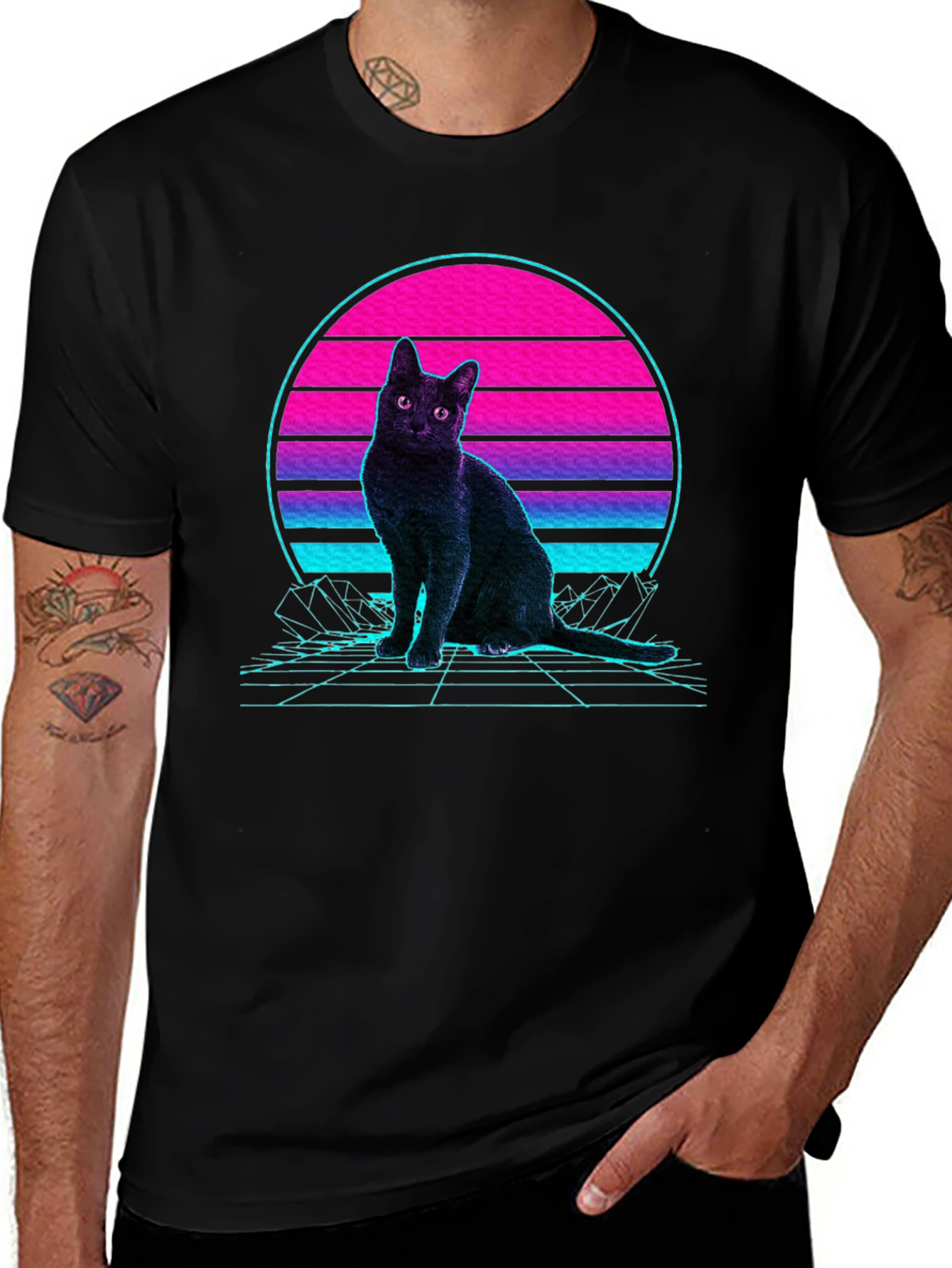 Variant 10 of Retro Cat Synthwave T-Shirt - Black