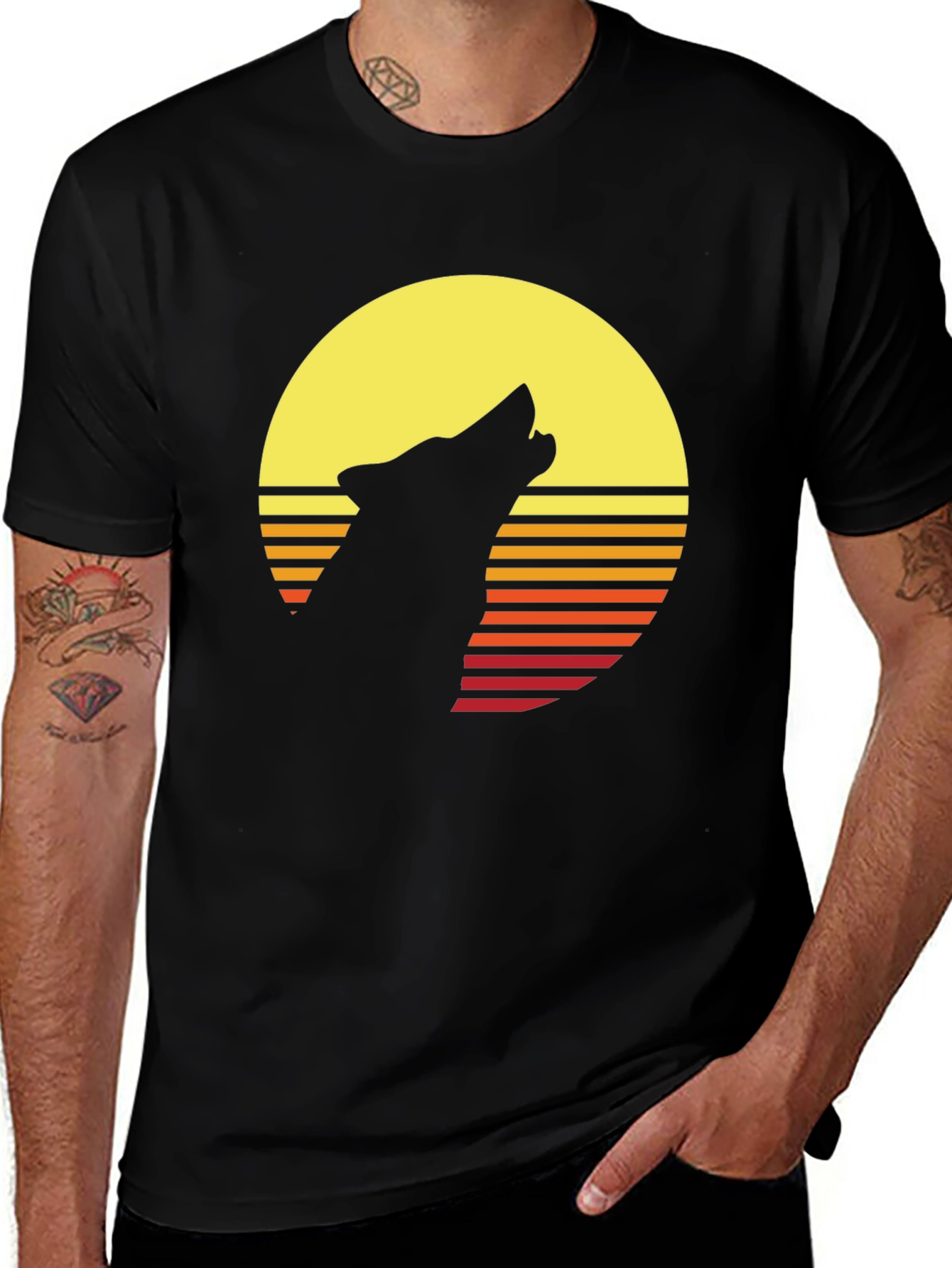 Variant 28 of Wolf Howling Sunset Graphic Tee - Men's Black T-Shirt