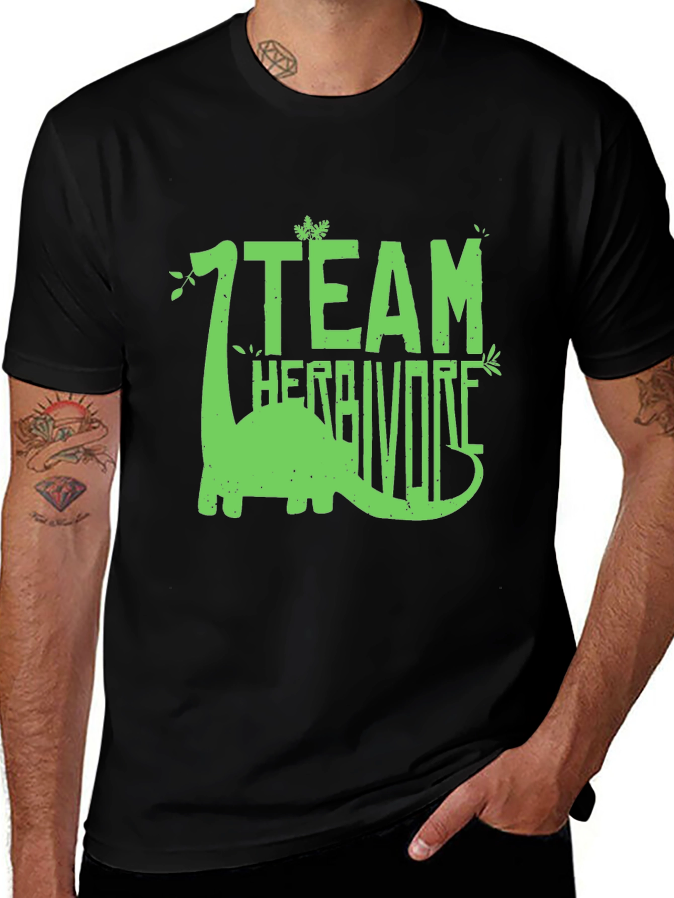 Team Herbivore T-Shirt - Black with Green Dino Design