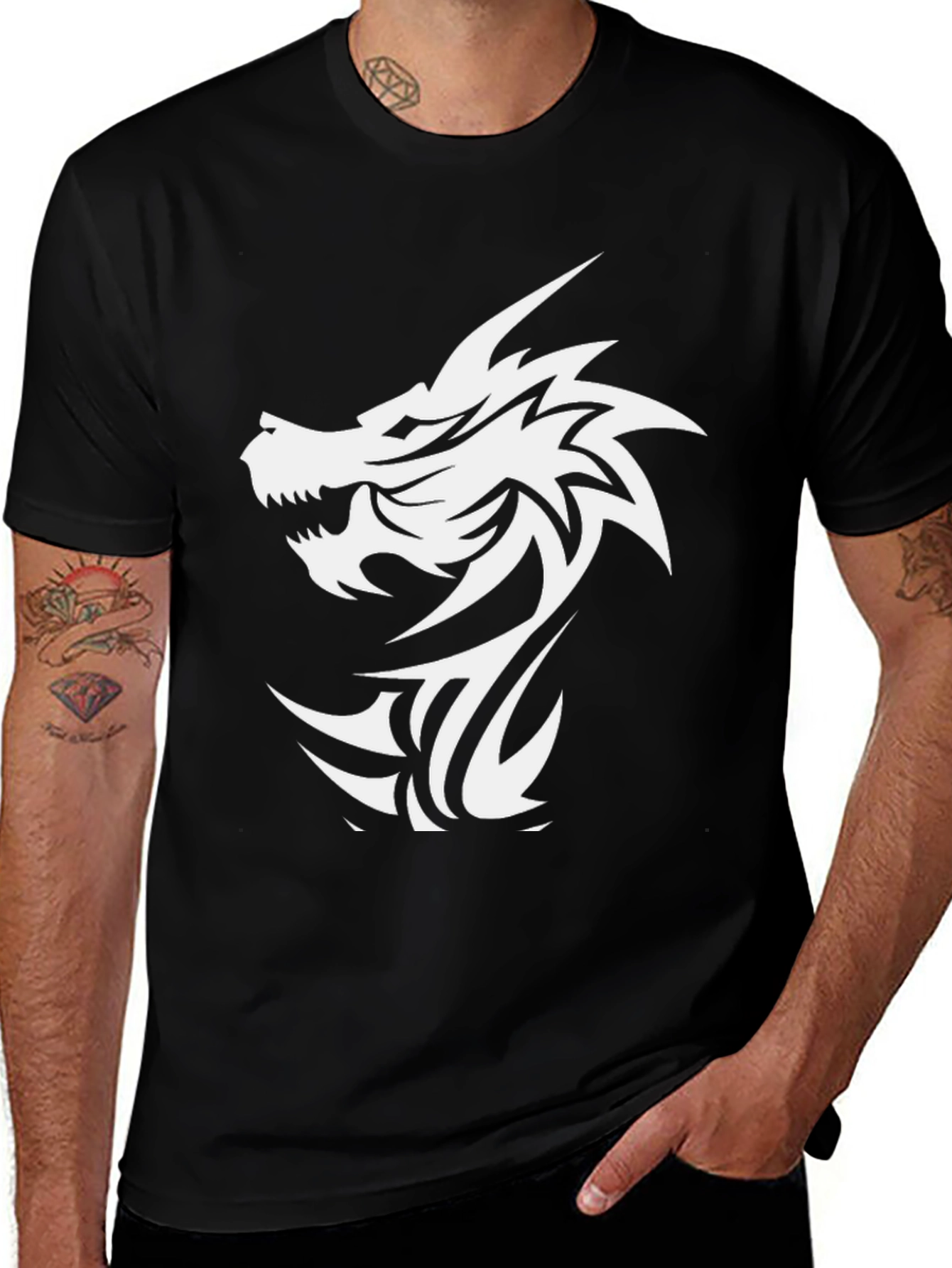 Variant 7 of Dragon Graphic Black T-Shirt - Bold Tribal Design