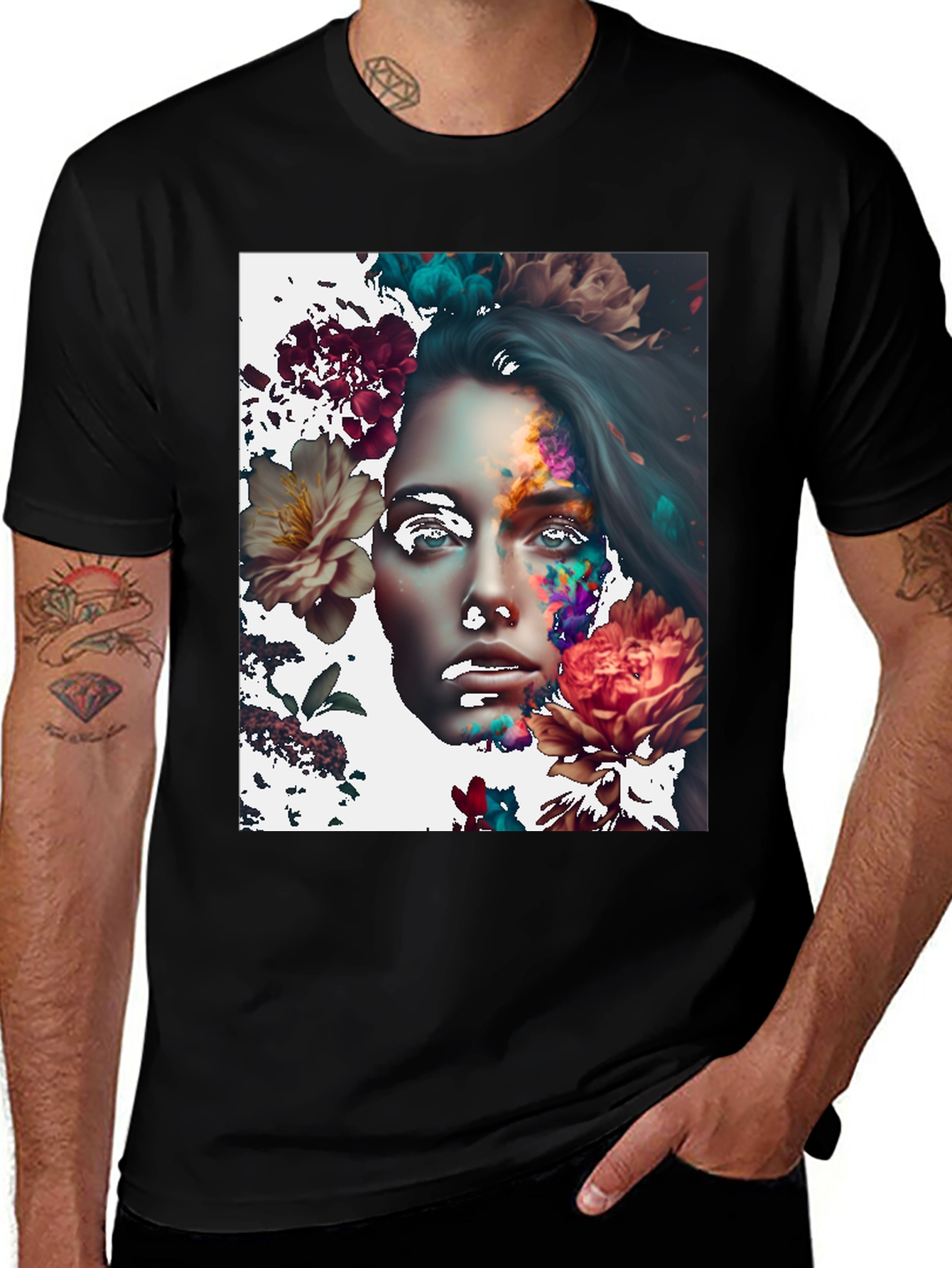 Variant 5 of Floral Woman Graphic Print Black T-Shirt
