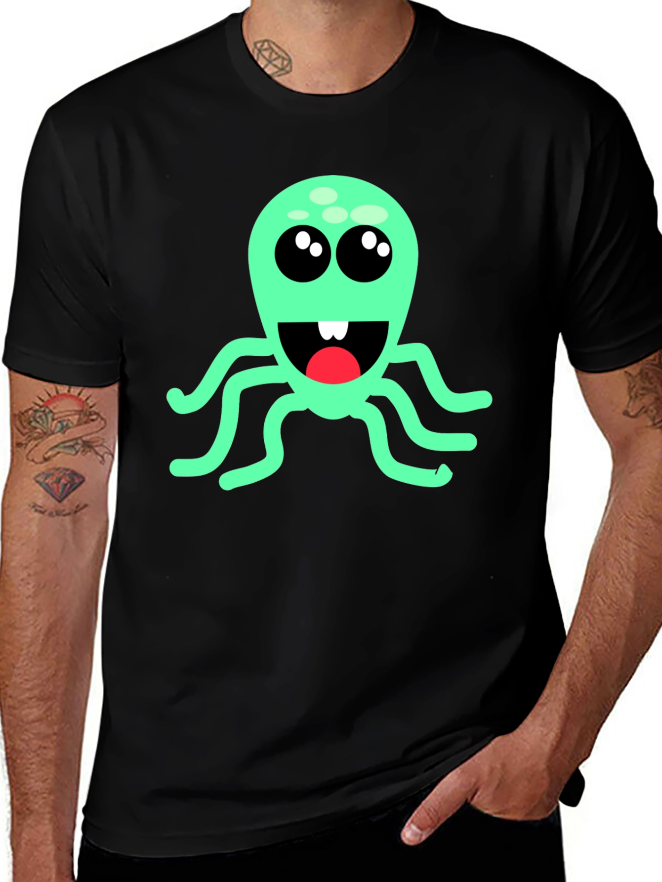 Cute Cartoon Octopus Graphic T-Shirt - Black
