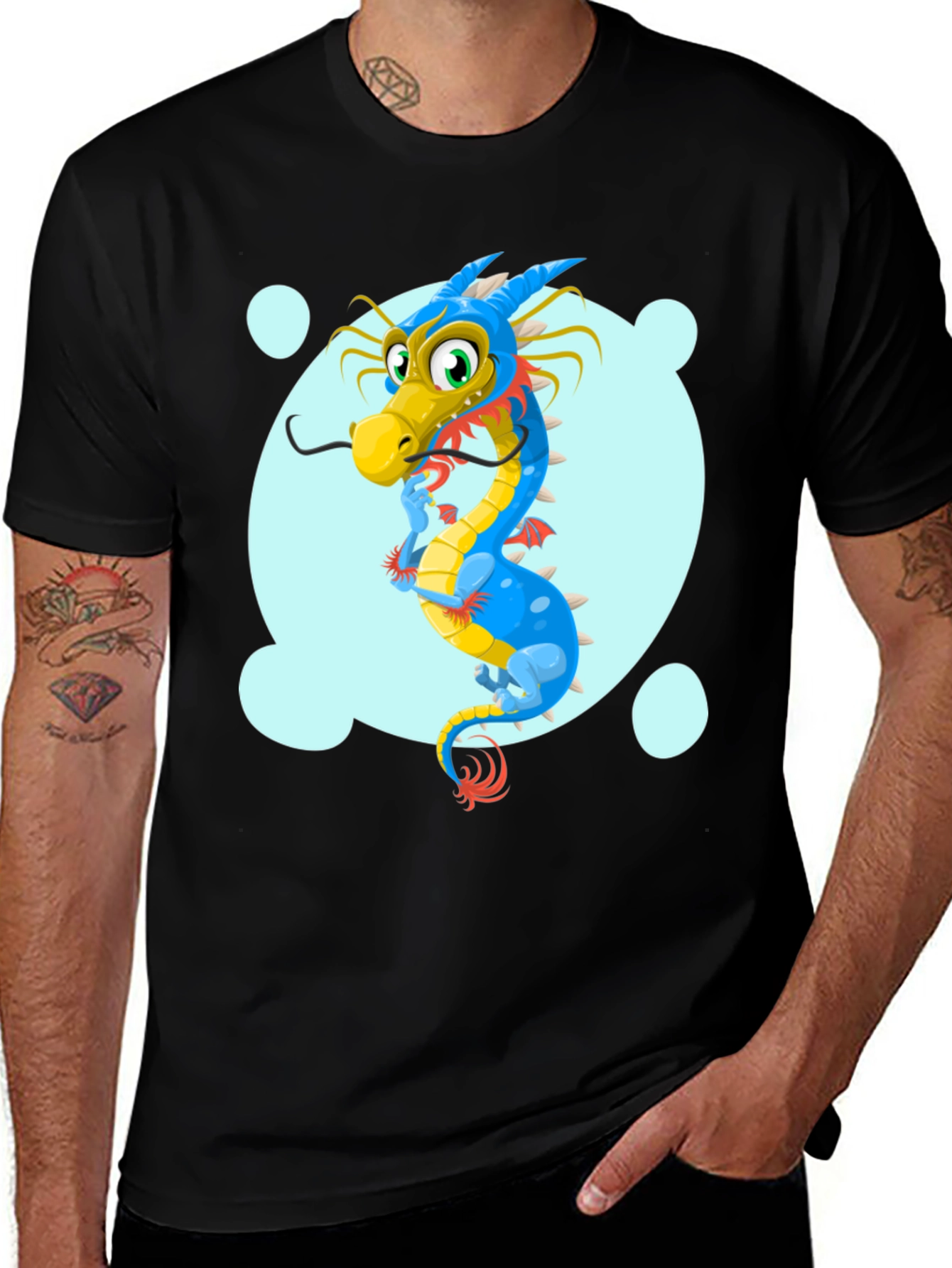 Variant 16 of Cartoon Dragon Graphic Tee - Black Cotton T-Shirt