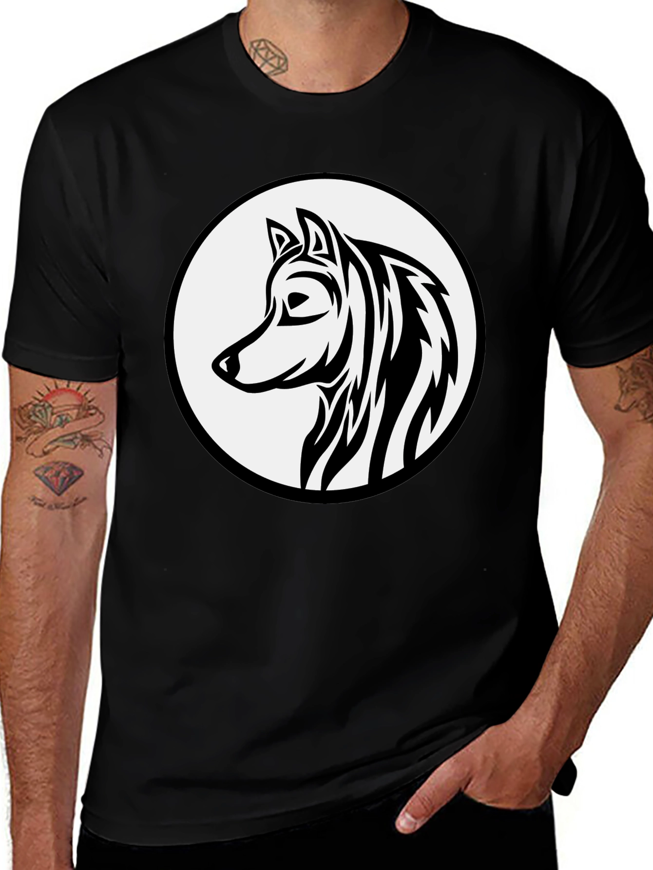 Variant 14 of Black Wolf Graphic Tee - Tribal Style Circle Design