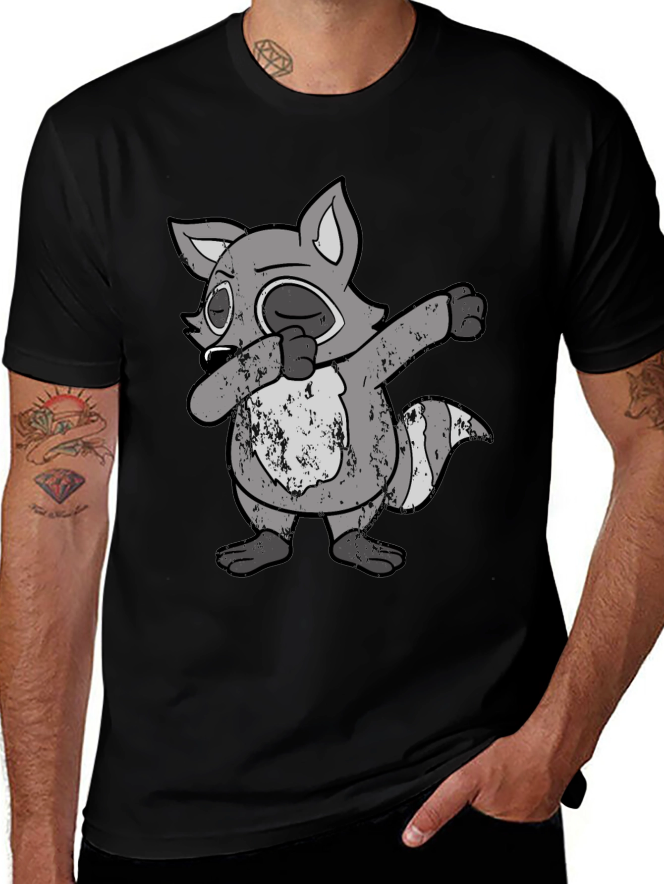 Variant 9 of Dabbing Raccoon Graphic Tee - Black Cotton Casual Shirt